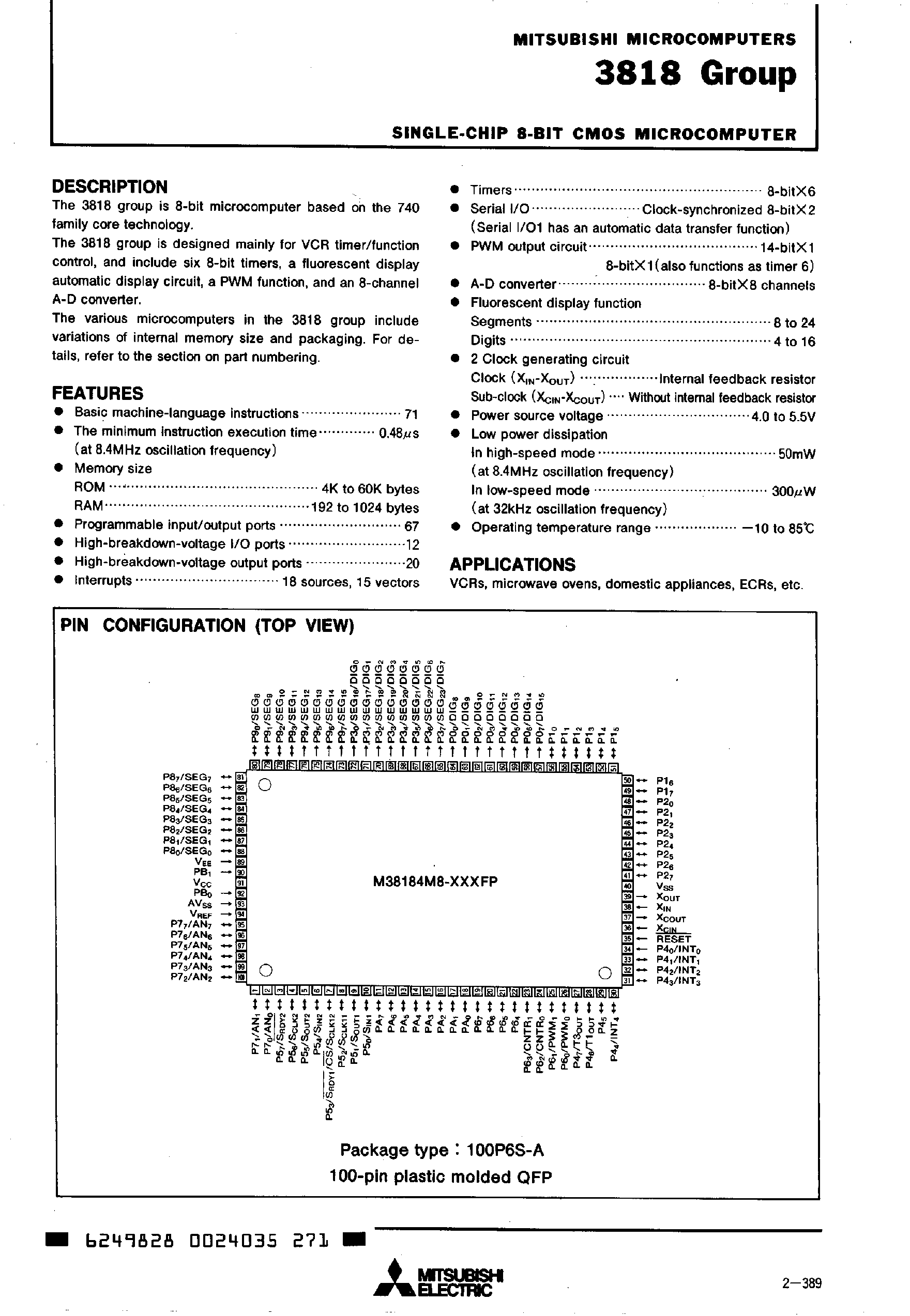Datasheet M3818xxx - SINGLE-CHIP 8-BIT CMOS MICROCOMPUTER page 1