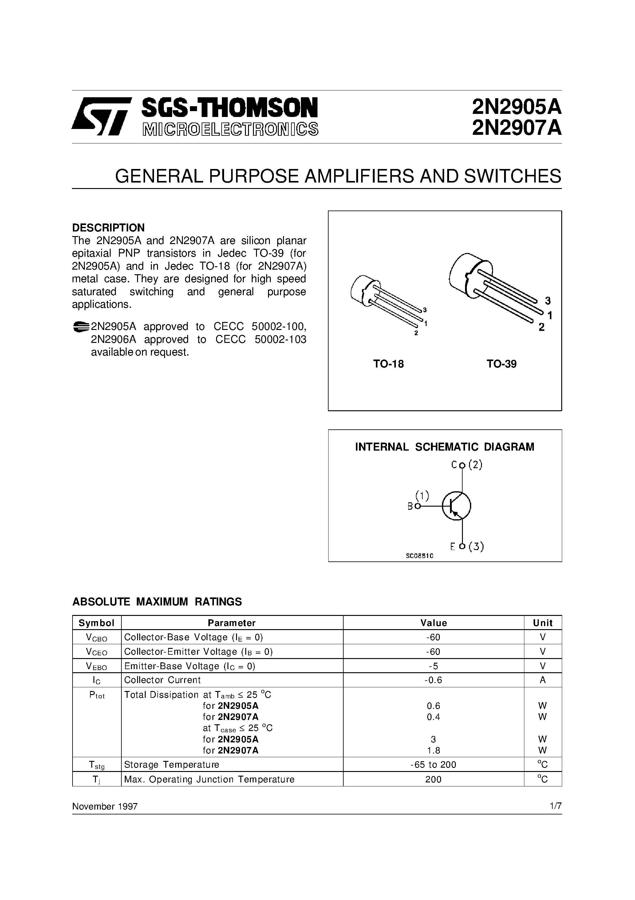 Datasheet 2N2907A - GENERAL PURPOSE AMPLIFIERS AND SWITCHES page 1