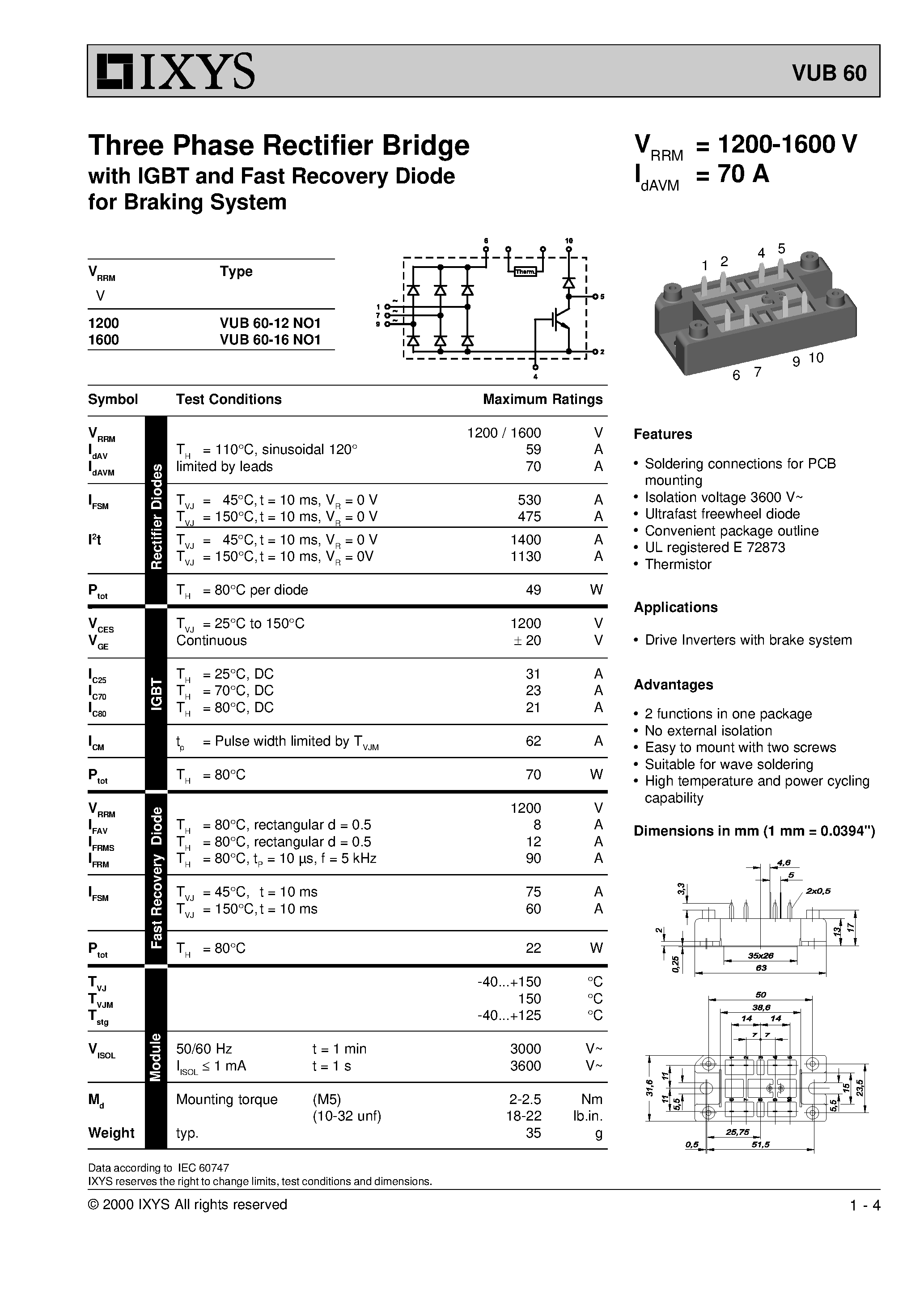 Datasheet VUB60 page 1 Datasheet VUB60 - Three Phase Rectifier Bridge with IGBT and Fast Recovery Diode for Braking System page 1