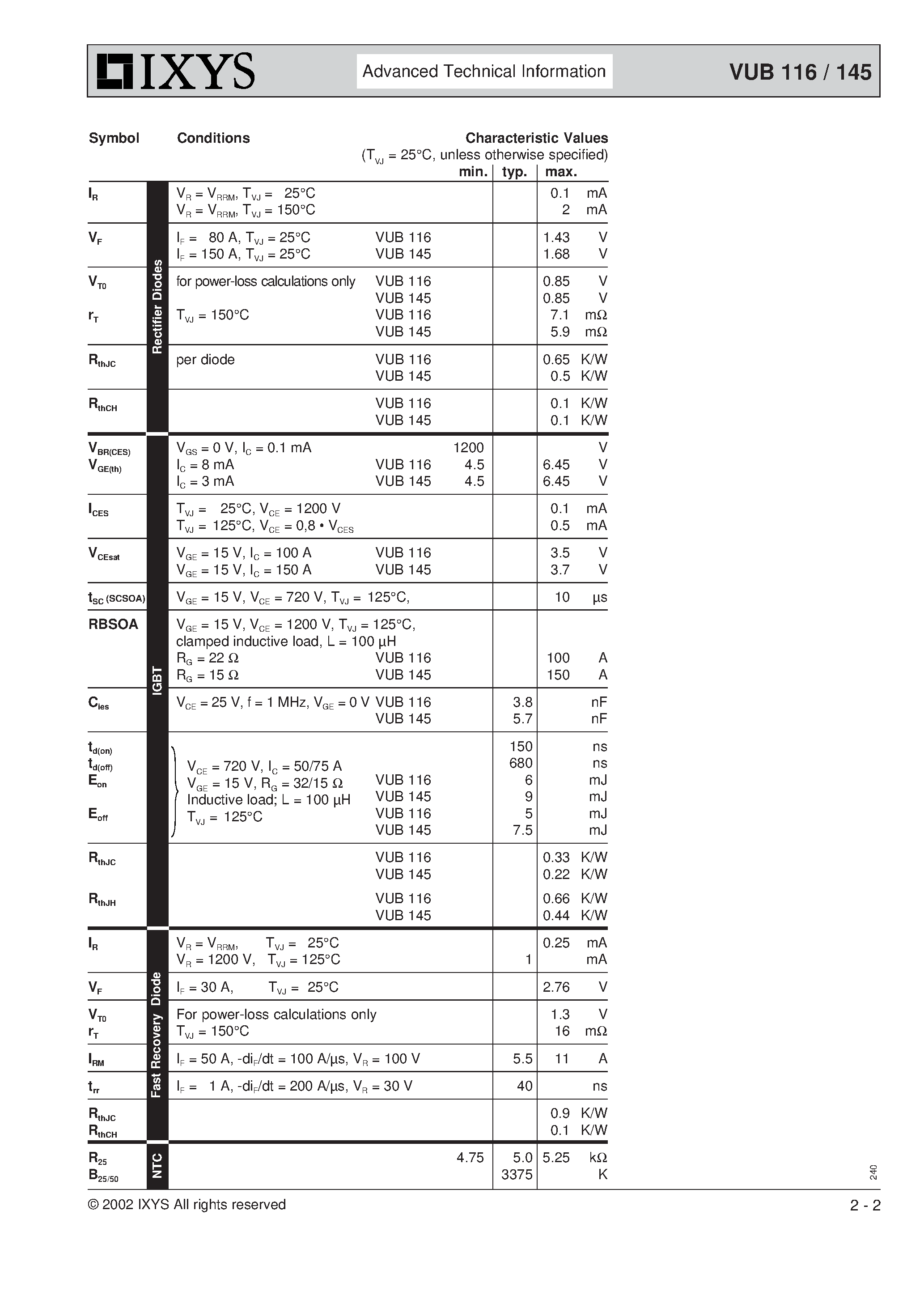 Datasheet VUB116 page 2 Datasheet VUB116 - Three Phase Rectifier Bridge with IGBT and Fast Recovery Diode for Braking System page 2