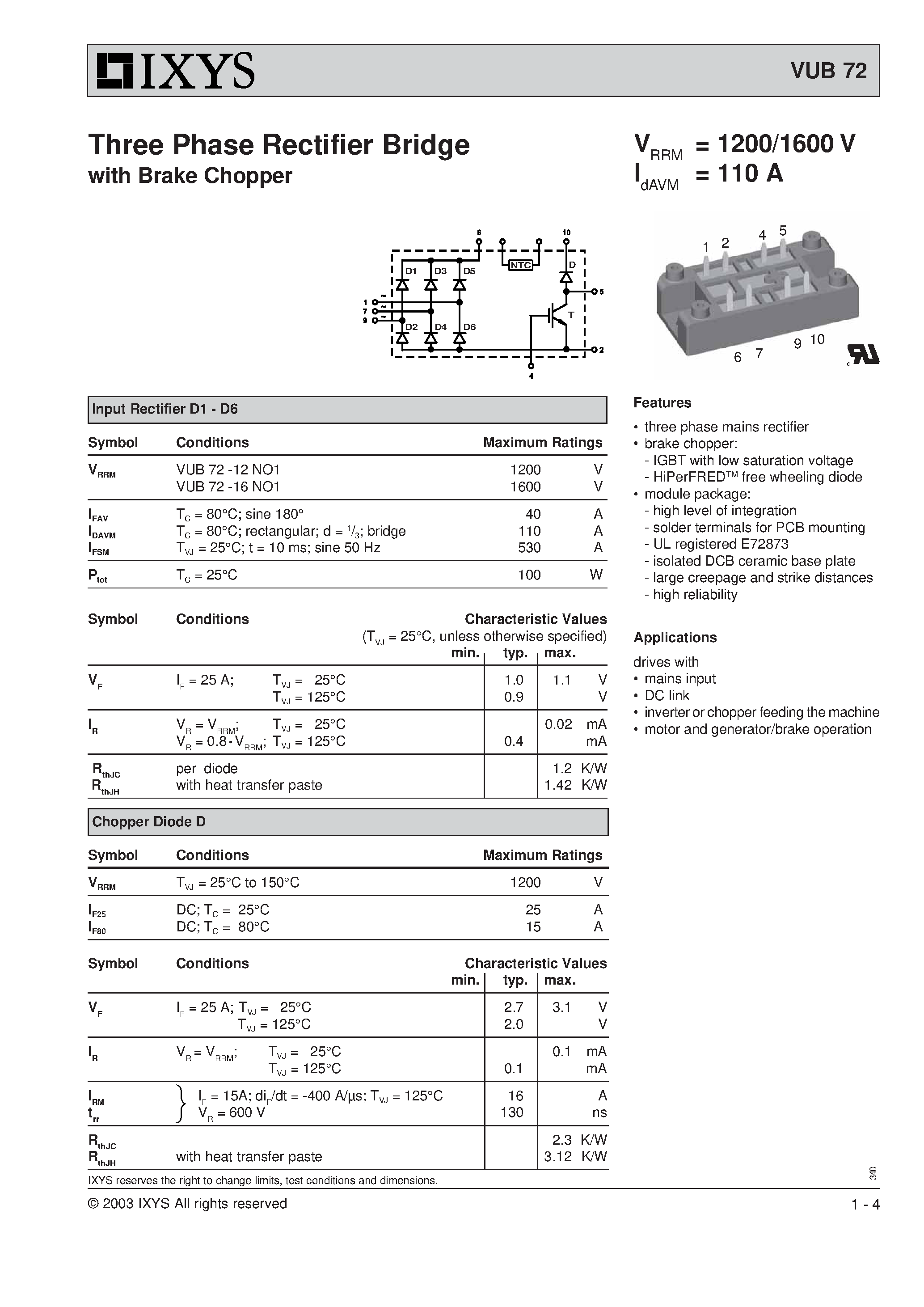 Datasheet VUB72 page 1 Datasheet VUB72 - Three Phase Rectifier Bridge With Brake Chopper page 1