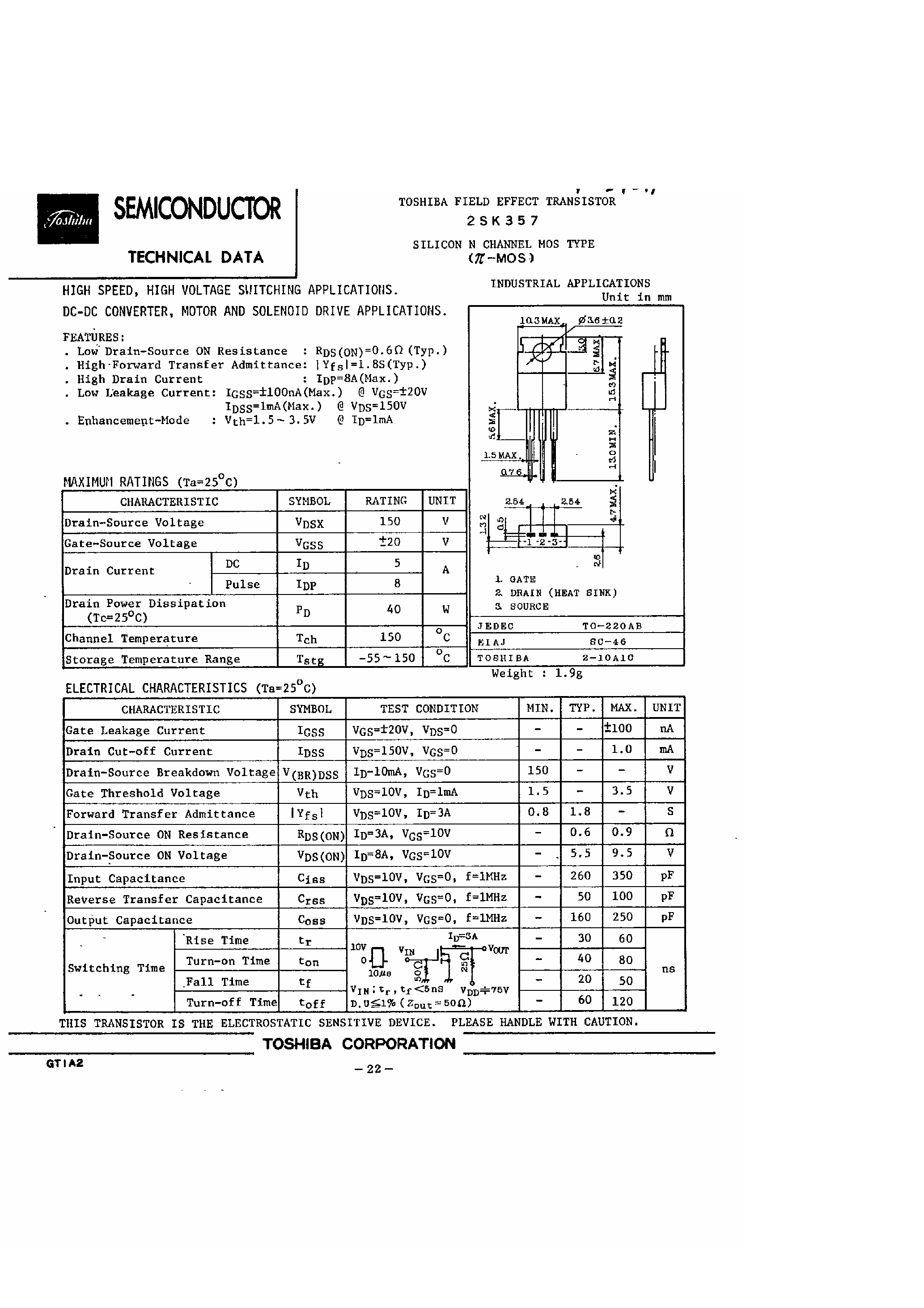 Datasheet 2SK357 - High Speed / High Voltage Switching Applications / DC-DC Converter page 1