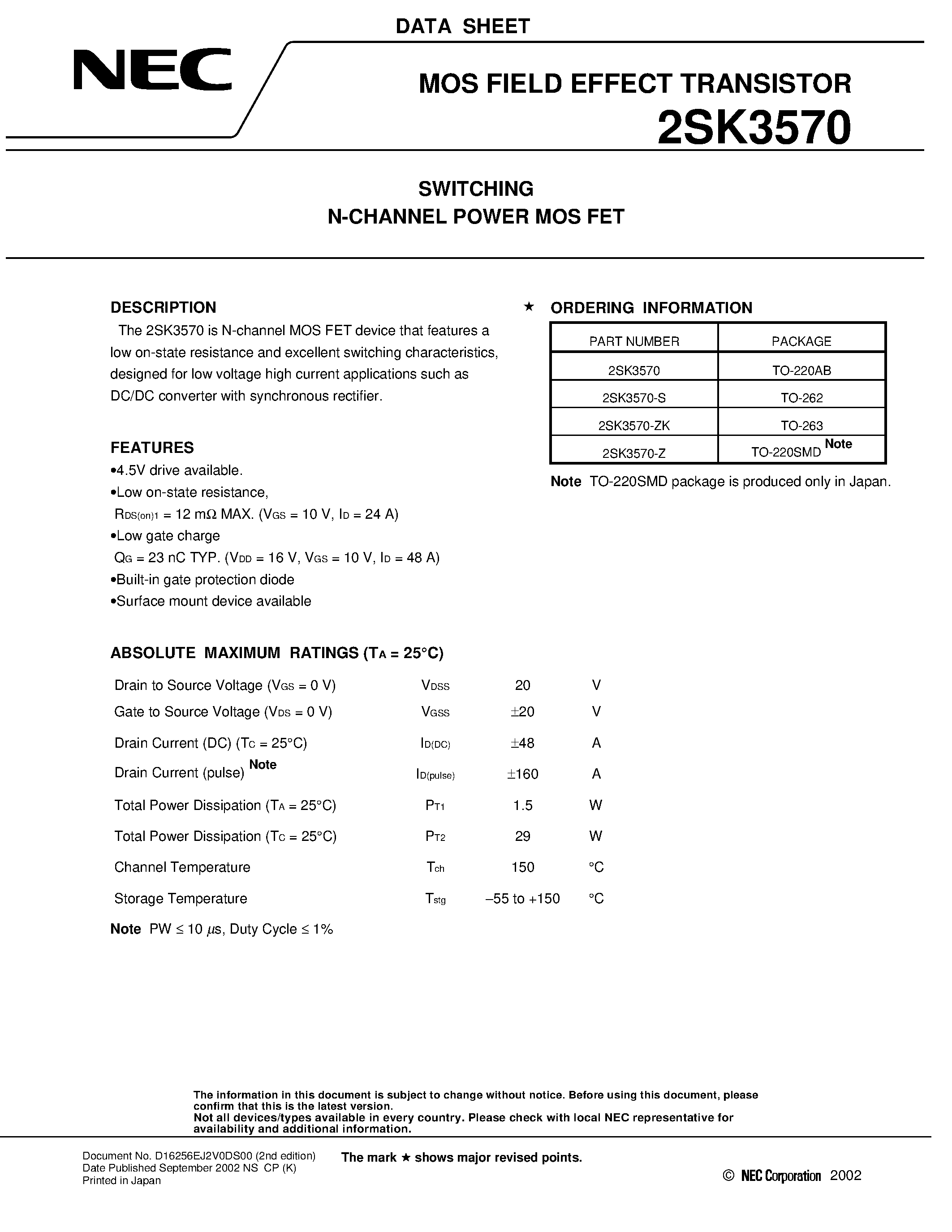 Datasheet 2SK3570 - Switching N-Channel Power MOS FET page 1