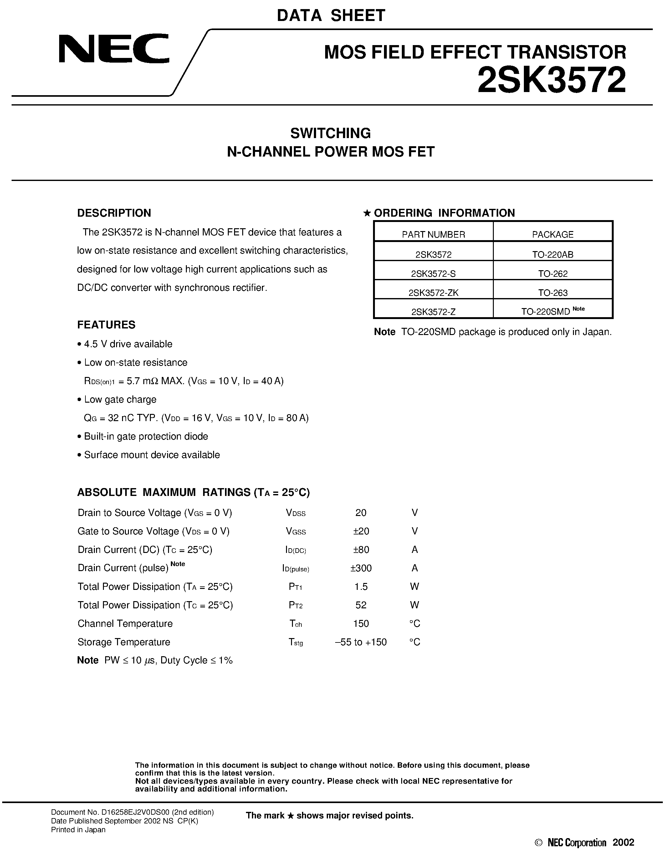Datasheet 2SK3572 - Switching N-Channel Power MOS FET page 1