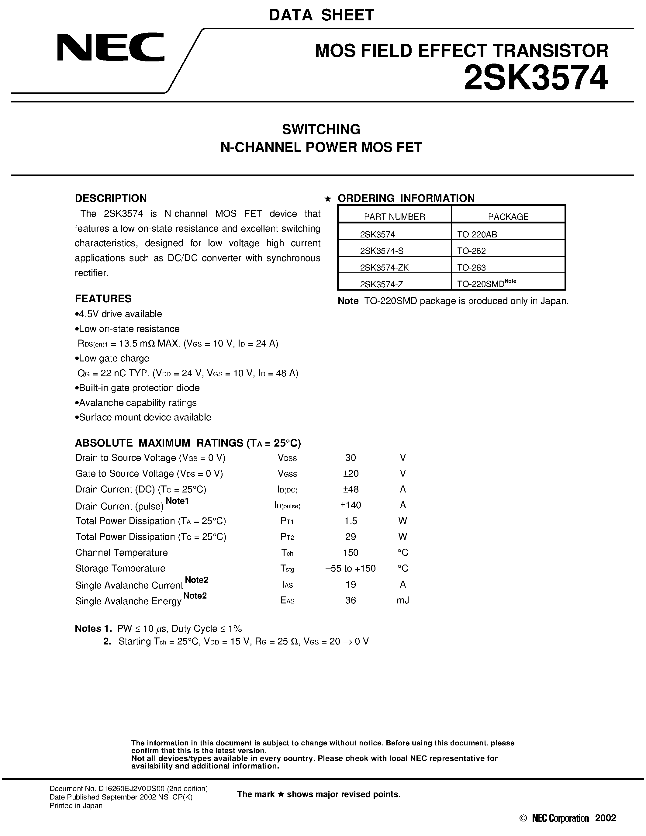 Datasheet 2SK3574 - Switching N-Channel Power MOS FET page 1