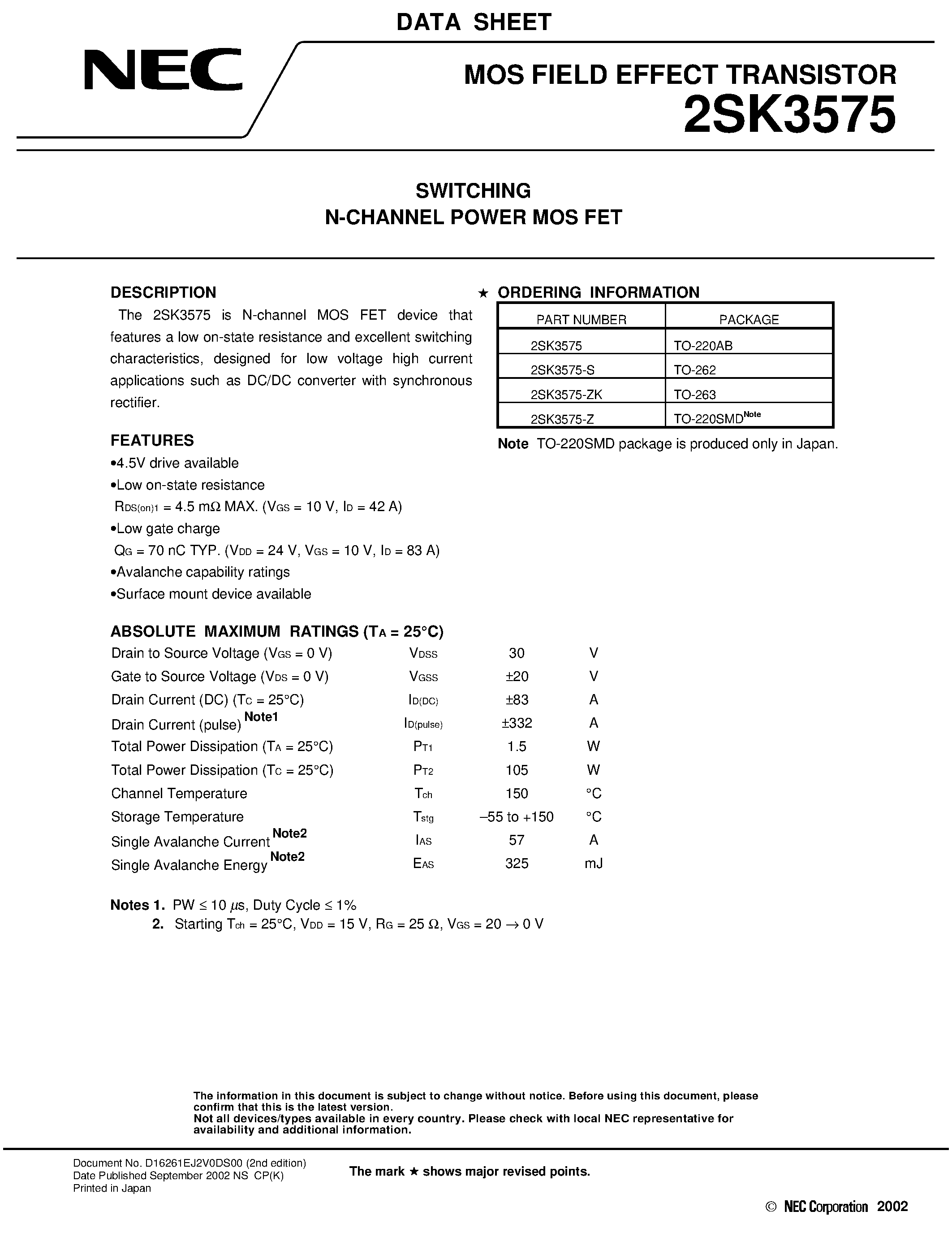 Datasheet 2SK3575 - Switching N-Channel Power MOS FET page 1