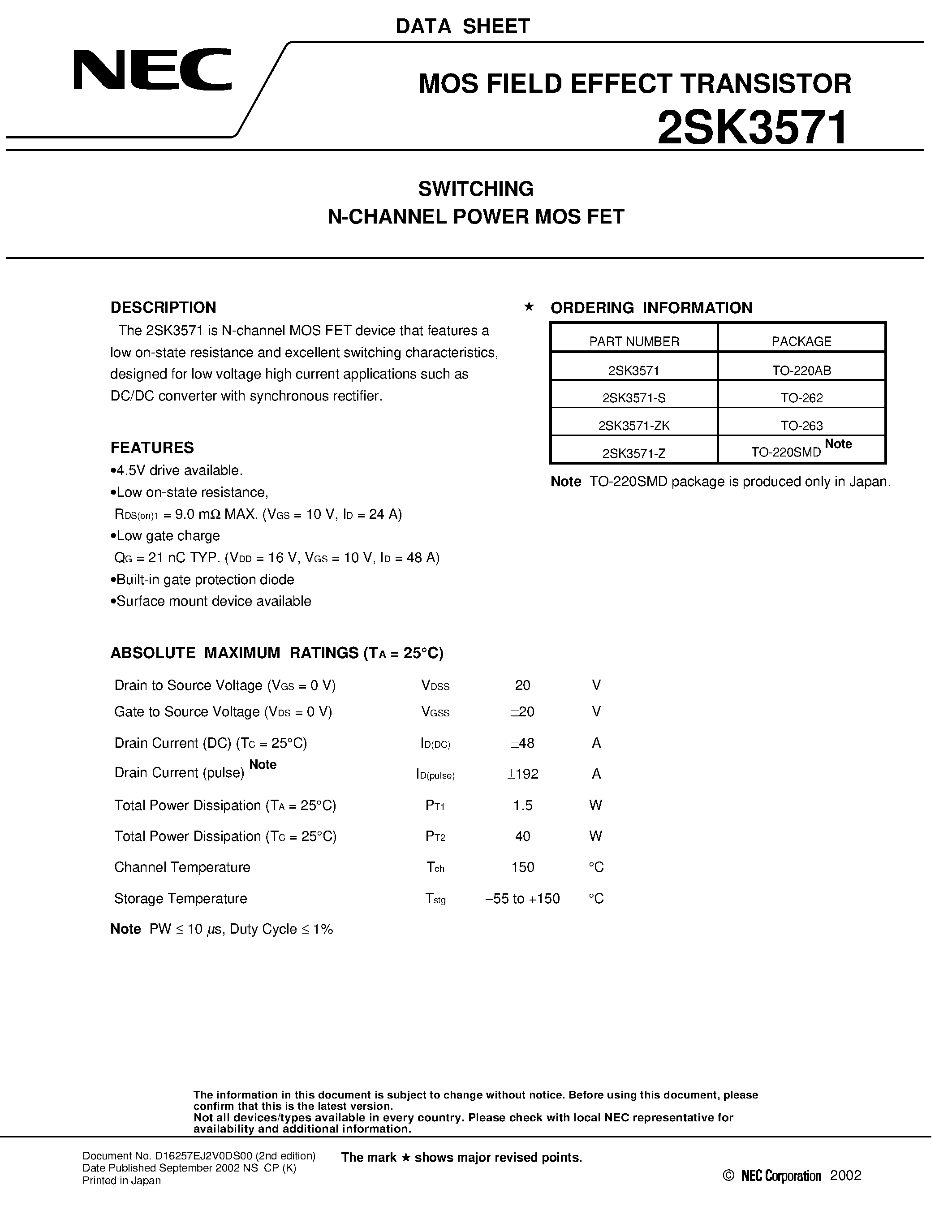 Datasheet 2SK3571 - Switching N-Channel Power MOS FET page 1