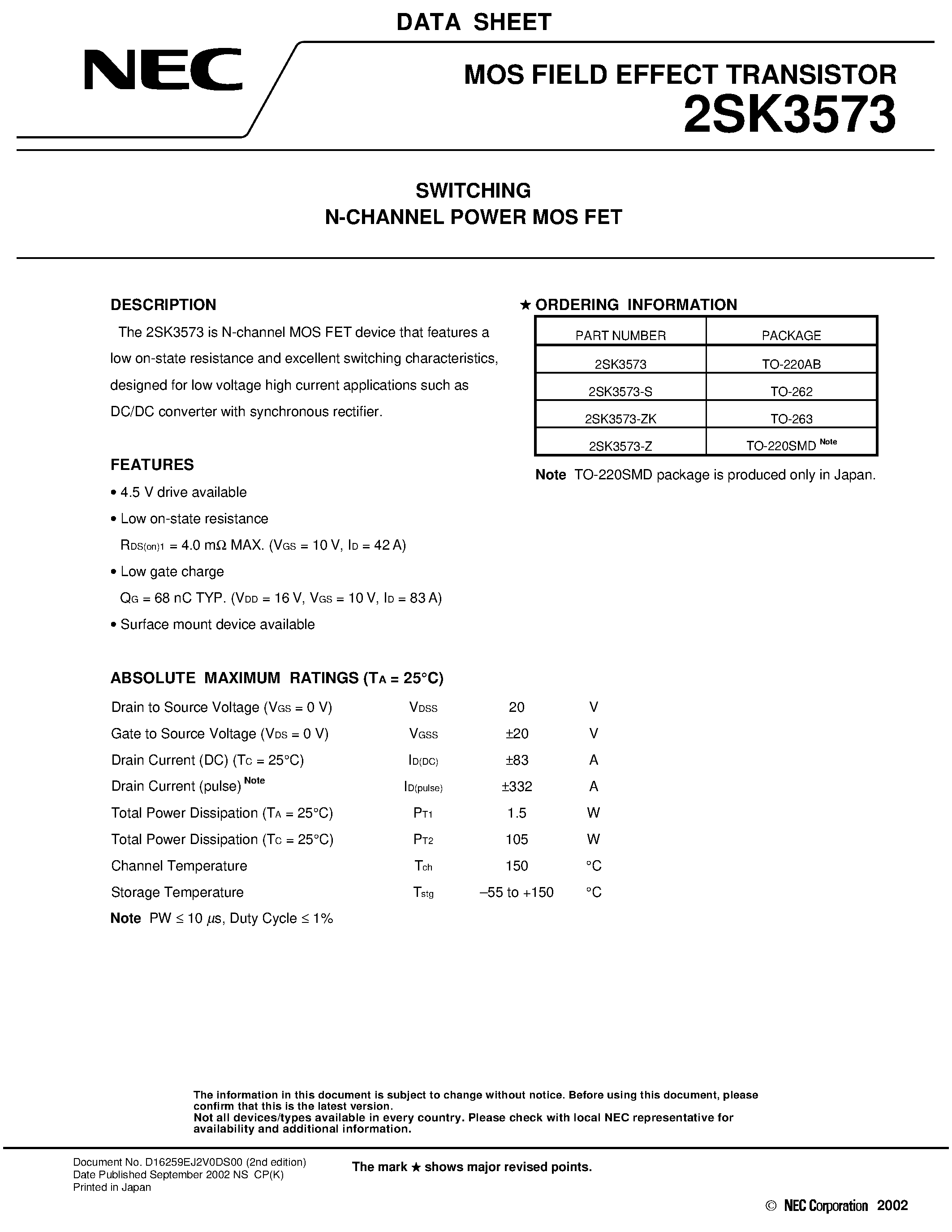 Datasheet 2SK3573 - Switching N-Channel Power MOS FET page 1