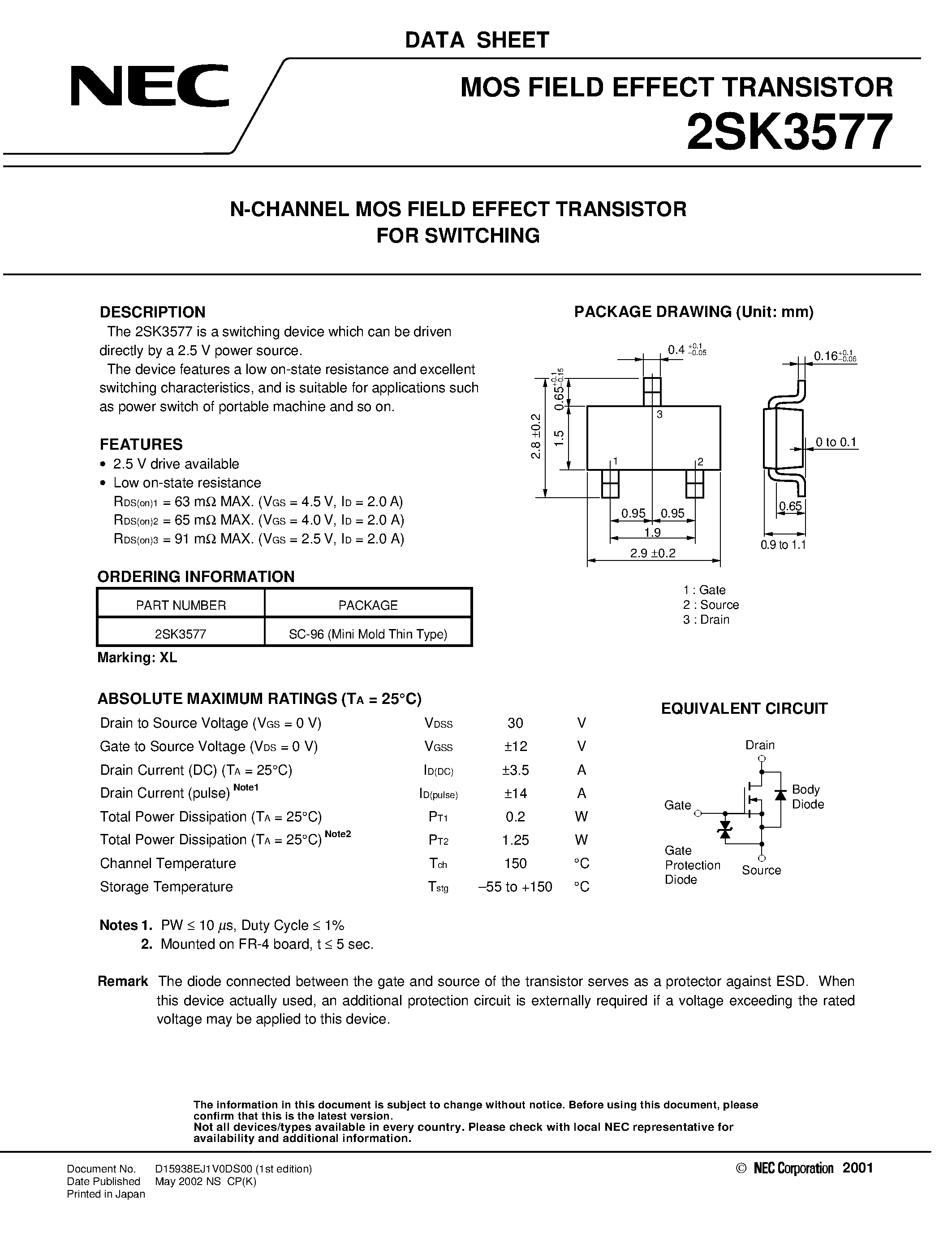 Datasheet 2SK3577 - Switching N-Channel Power MOS FET page 1
