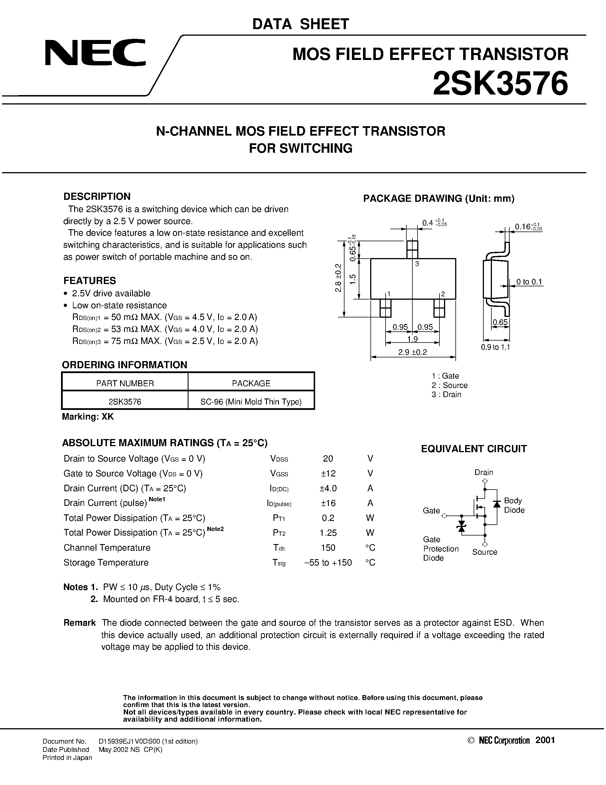 Datasheet 2SK3576 - Switching N-Channel Power MOS FET page 1