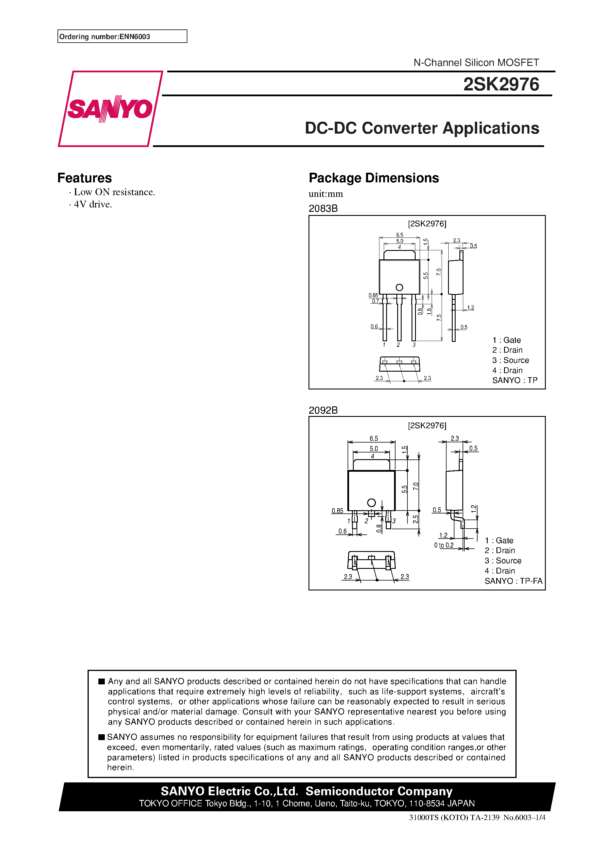 Даташит 2SK2976 - DC-DC Converter Applications страница 1