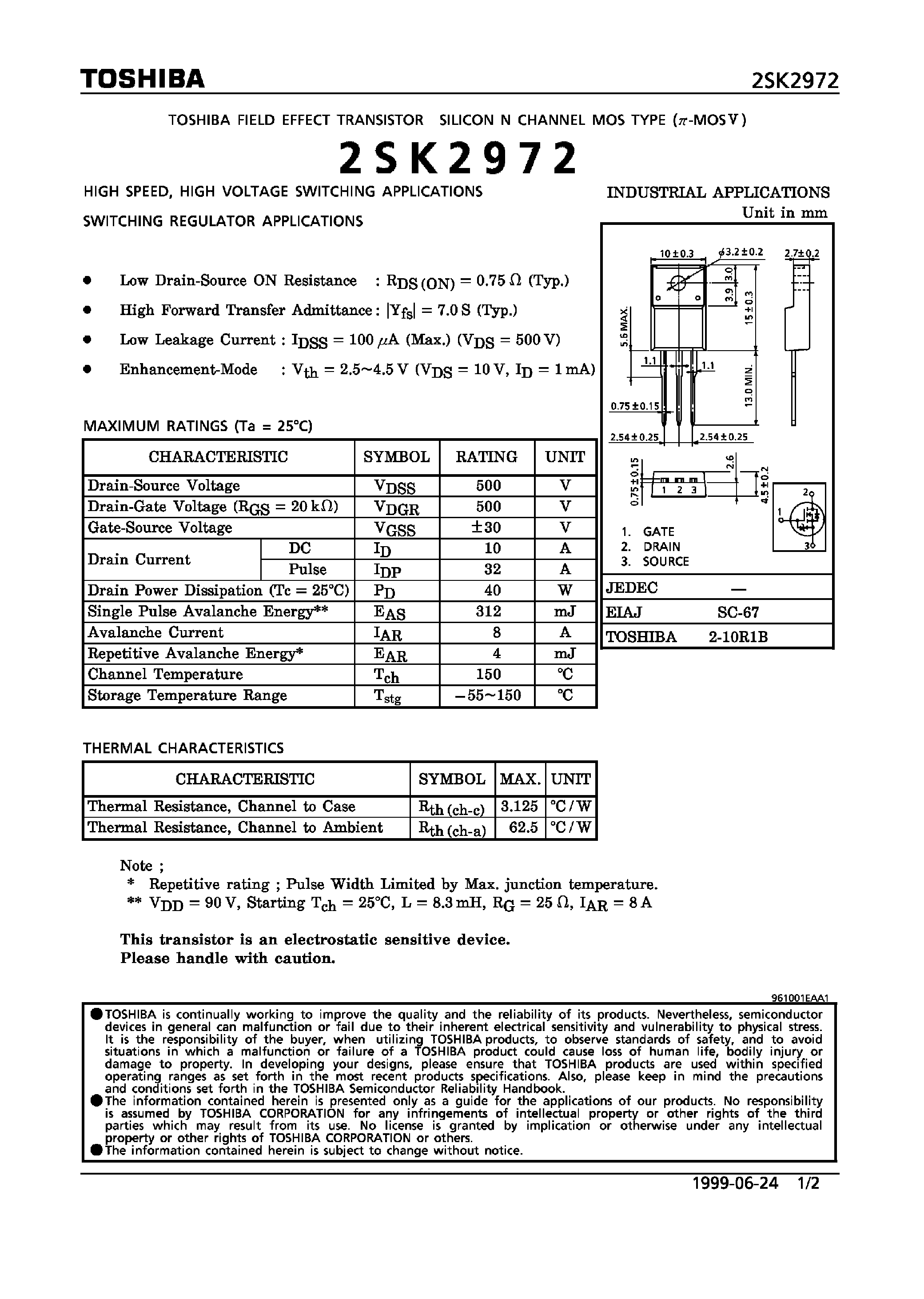 Даташит 2SK2972 - High Speed / High Voltage Switching Applications / Switching Regulator Applications страница 1