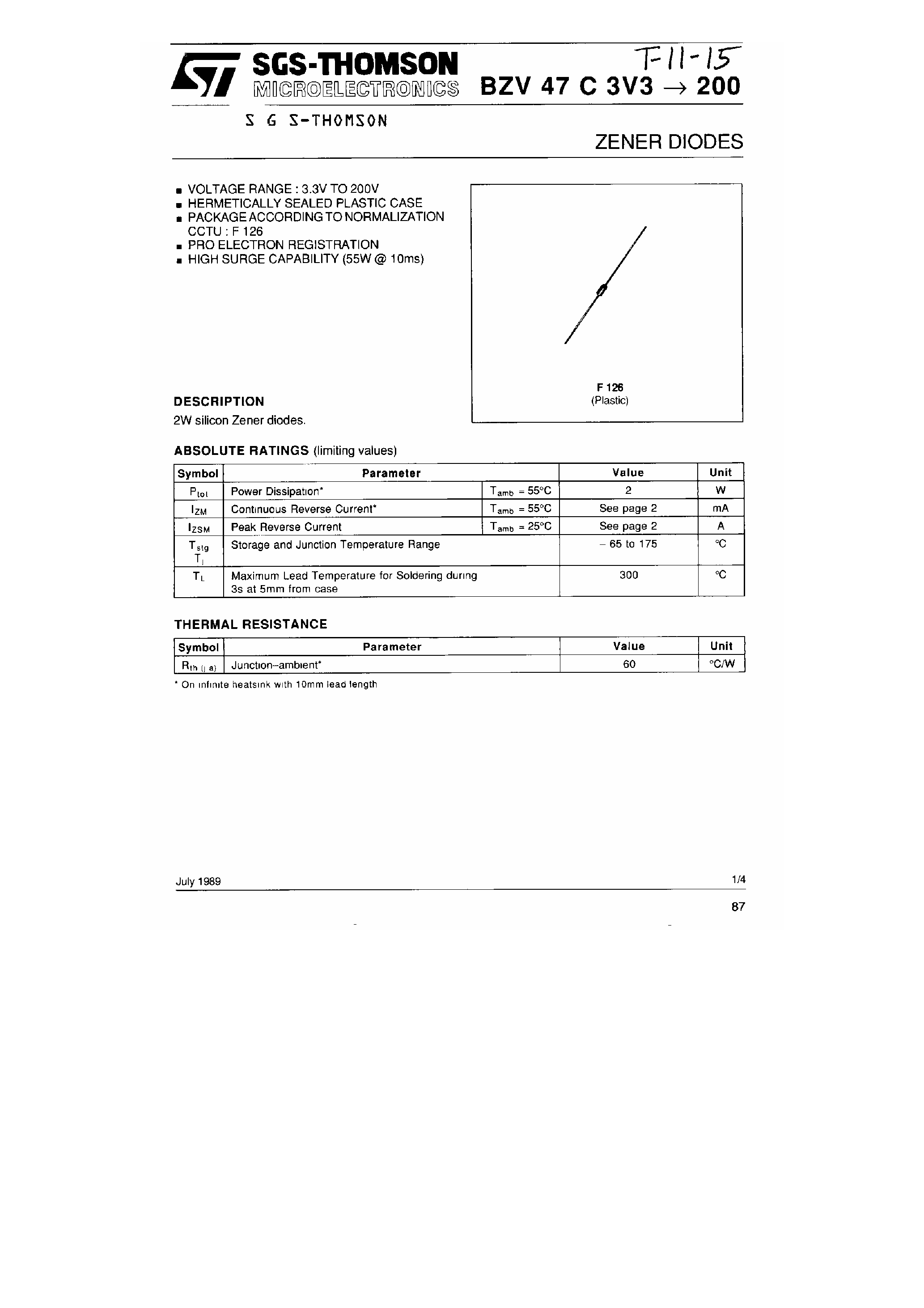 Даташит BZV47C62 - Zener Diodes страница 1