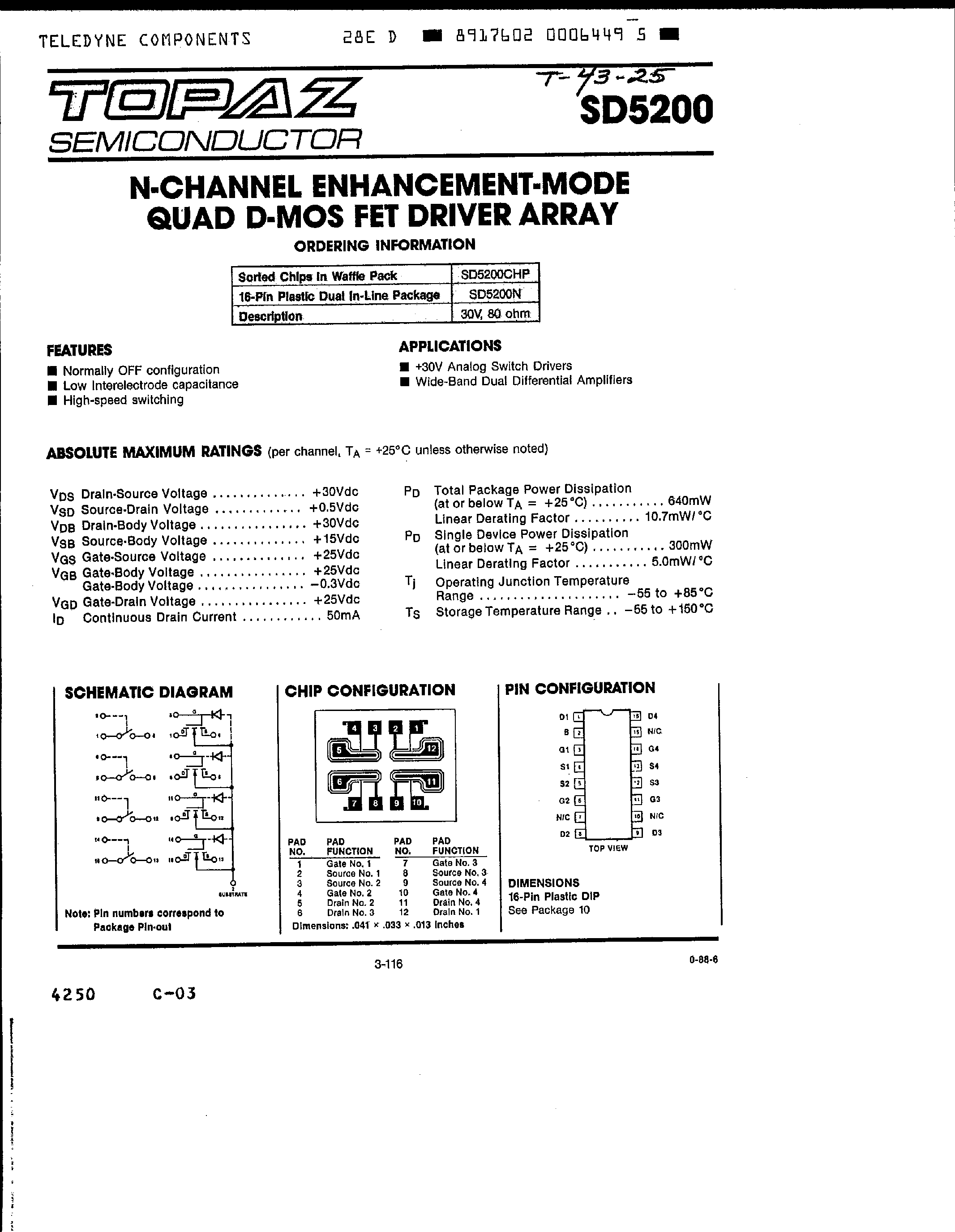 Datasheet SD5200 page 1 Datasheet SD5200 - N-Channel Enhancement-Mode Quad D-MOS FET Driver Array page 1