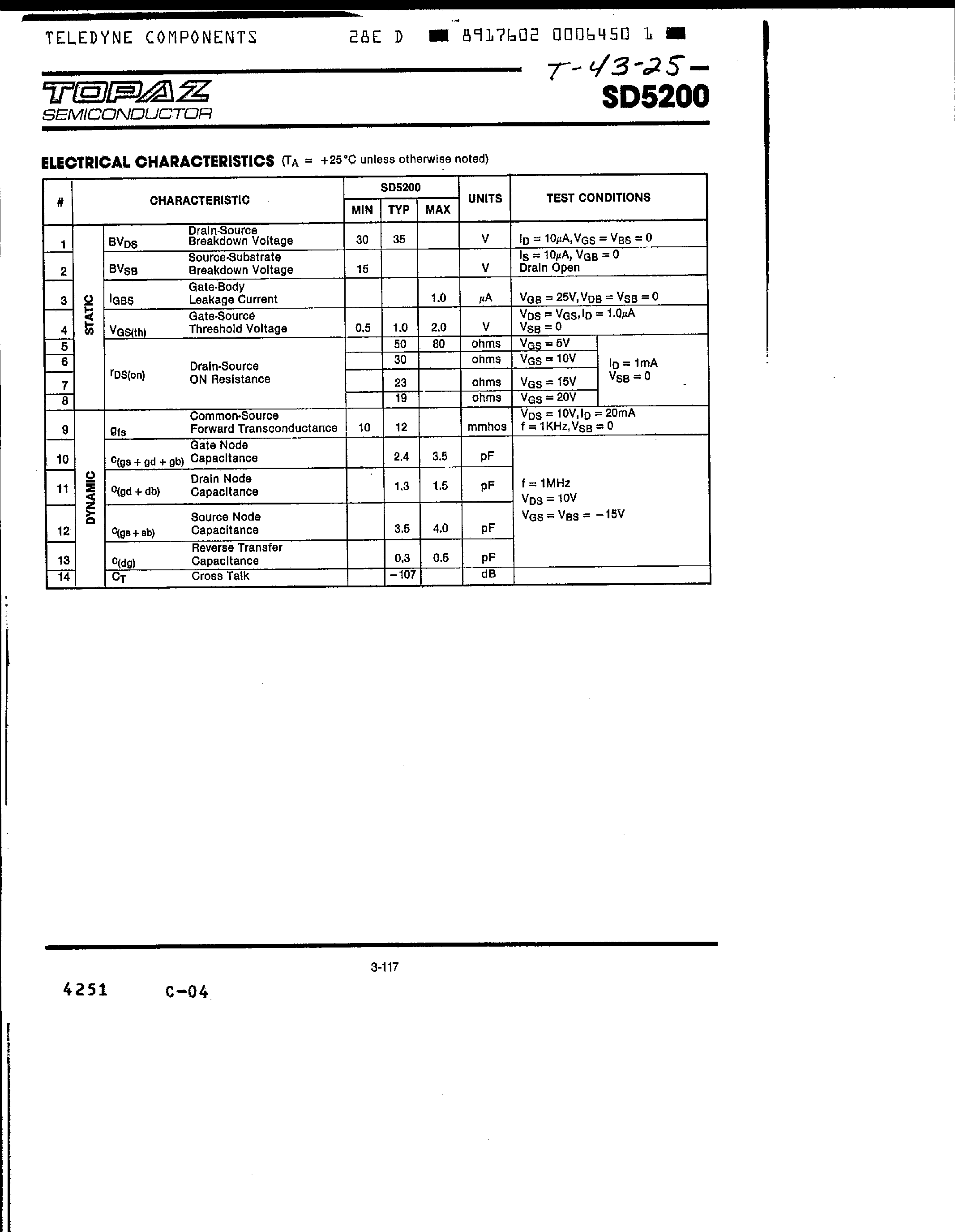 Datasheet SD5200 page 2 Datasheet SD5200 - N-Channel Enhancement-Mode Quad D-MOS FET Driver Array page 2