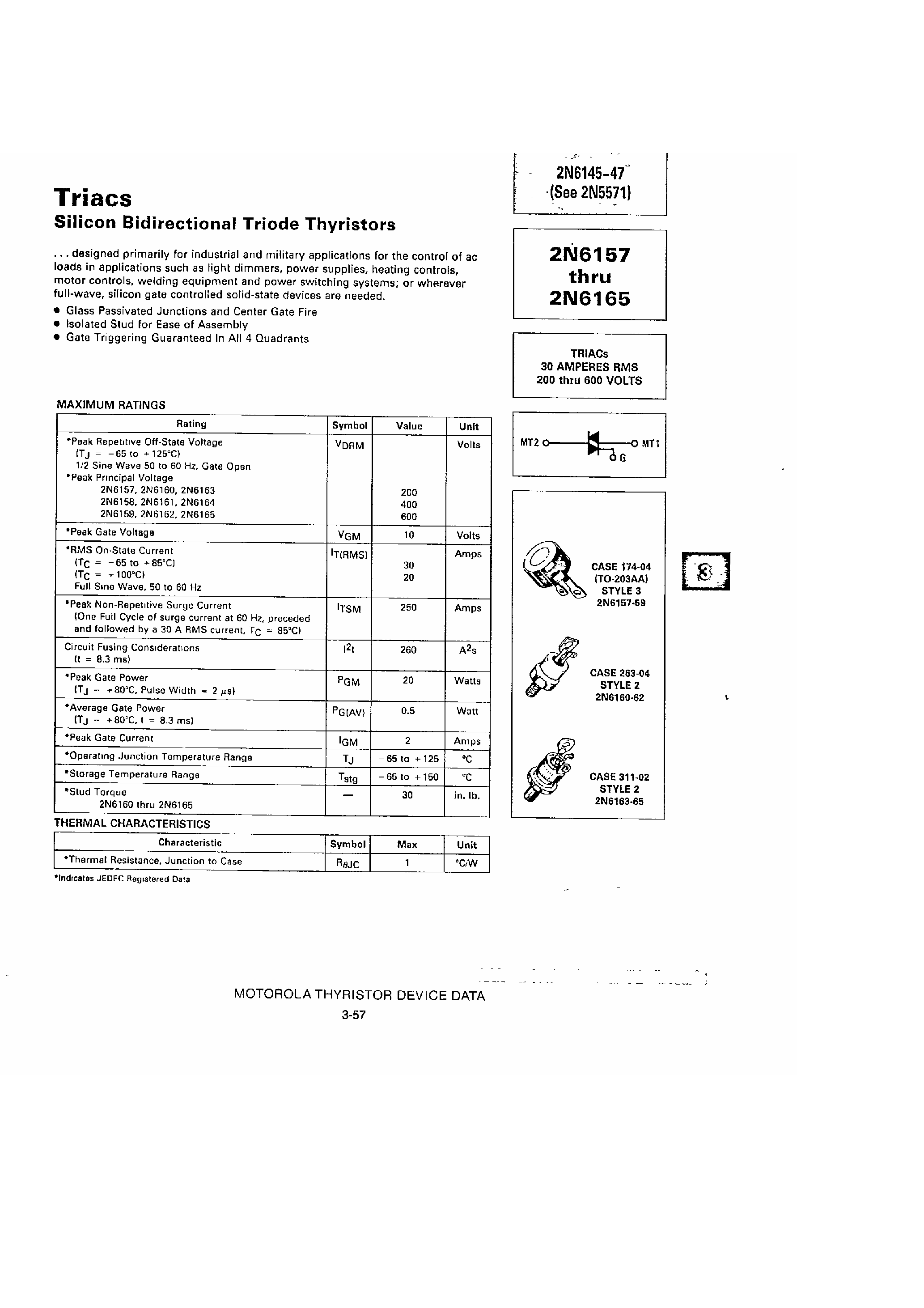Datasheet 2N6161 - Triacs / Silicon Bidirectional Triode Thristors page 1