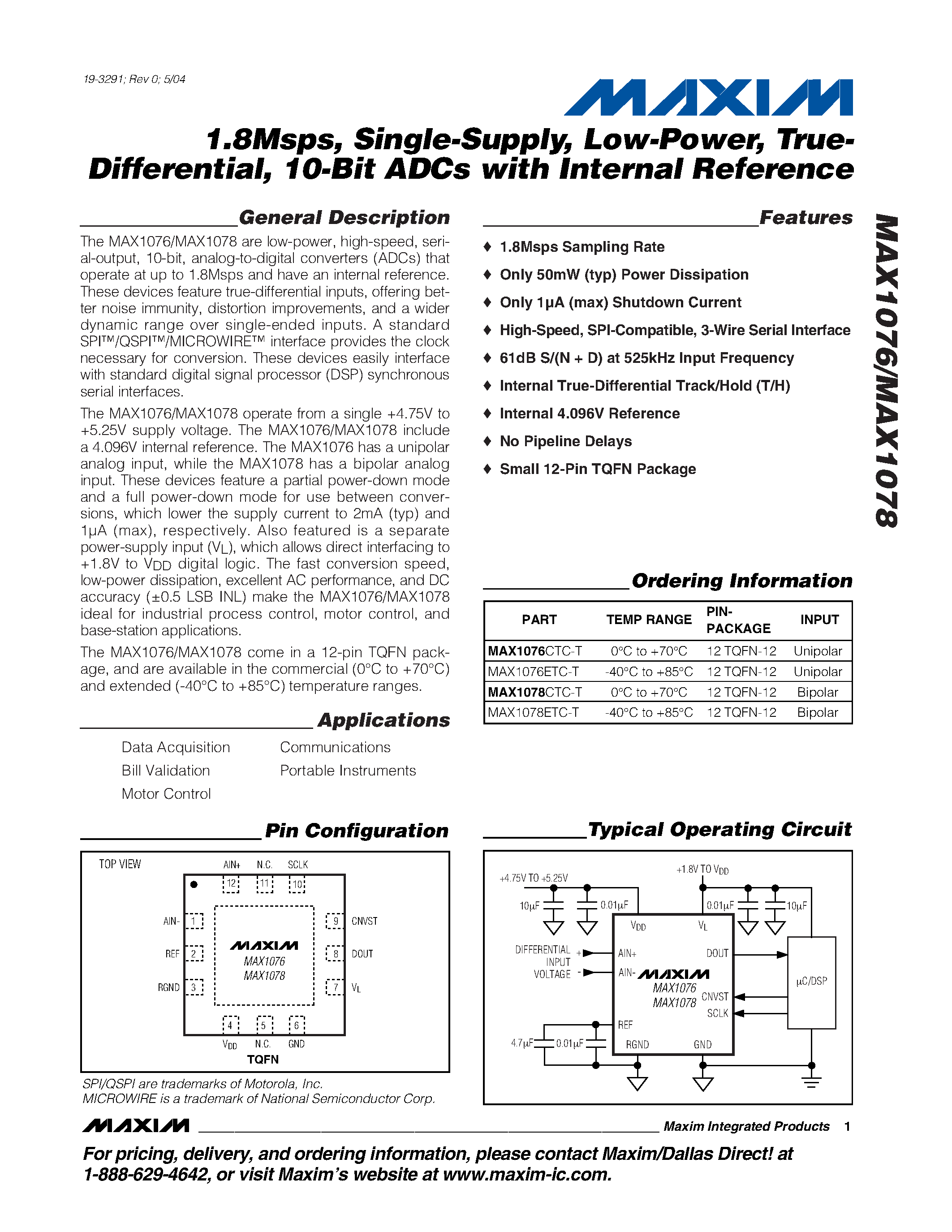 Даташит MAX1078 - 1.8Msps / Single-Supply / Low Power / True-Differential / 10-Bit ADCs страница 1