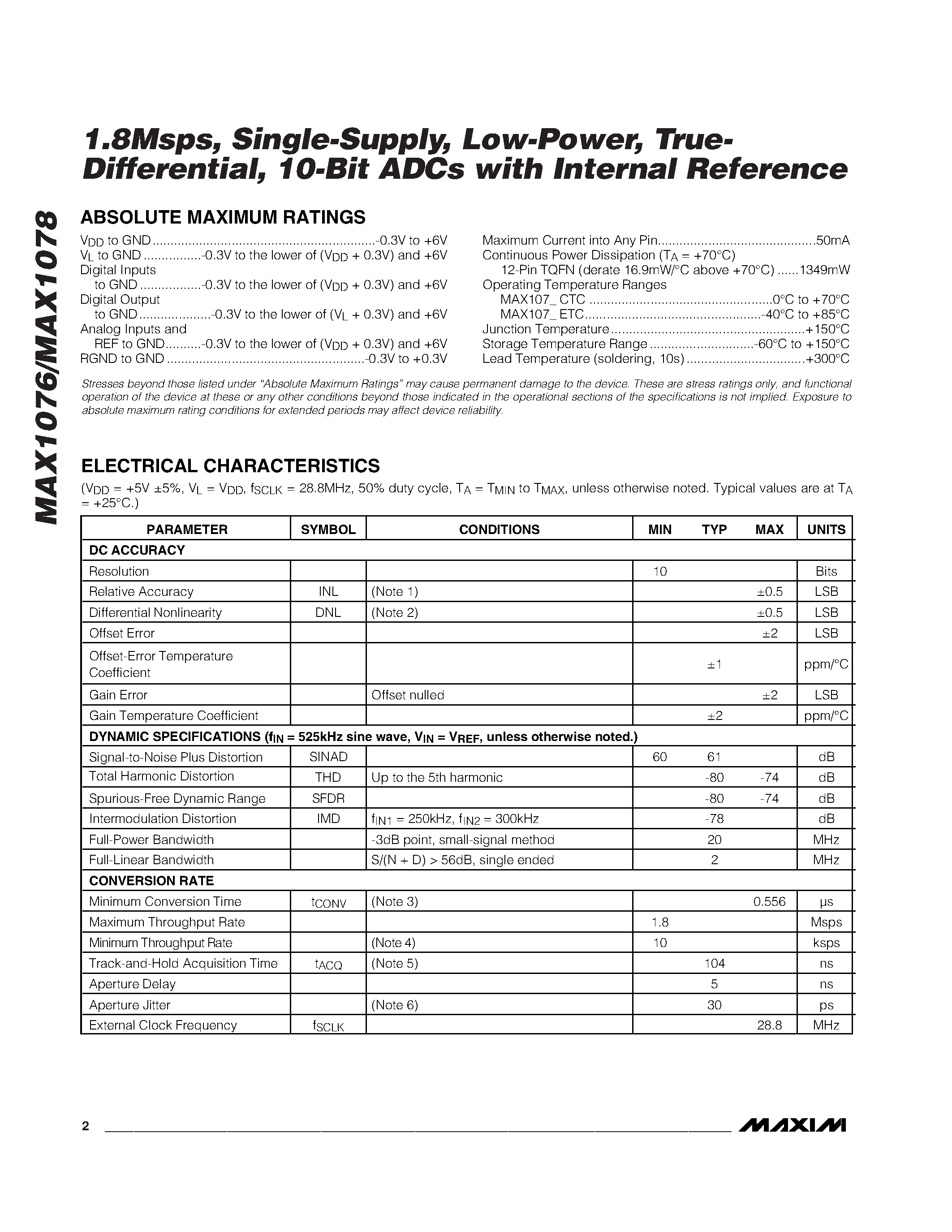 Даташит MAX1078 - 1.8Msps / Single-Supply / Low Power / True-Differential / 10-Bit ADCs страница 2