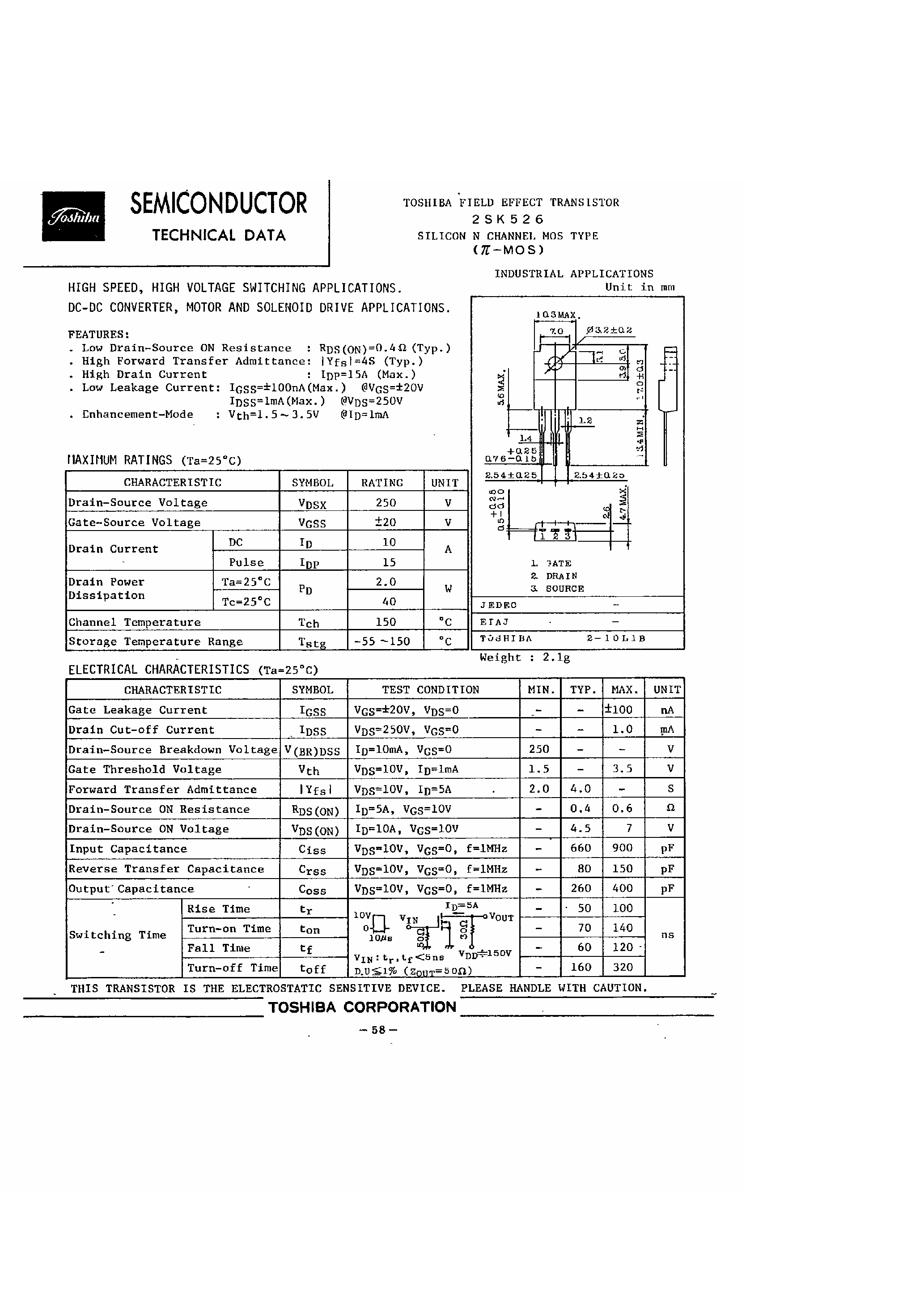 Datasheet 2SK526 - MOTOR AND SOLENOID DRIVE APPLICATIONS page 1
