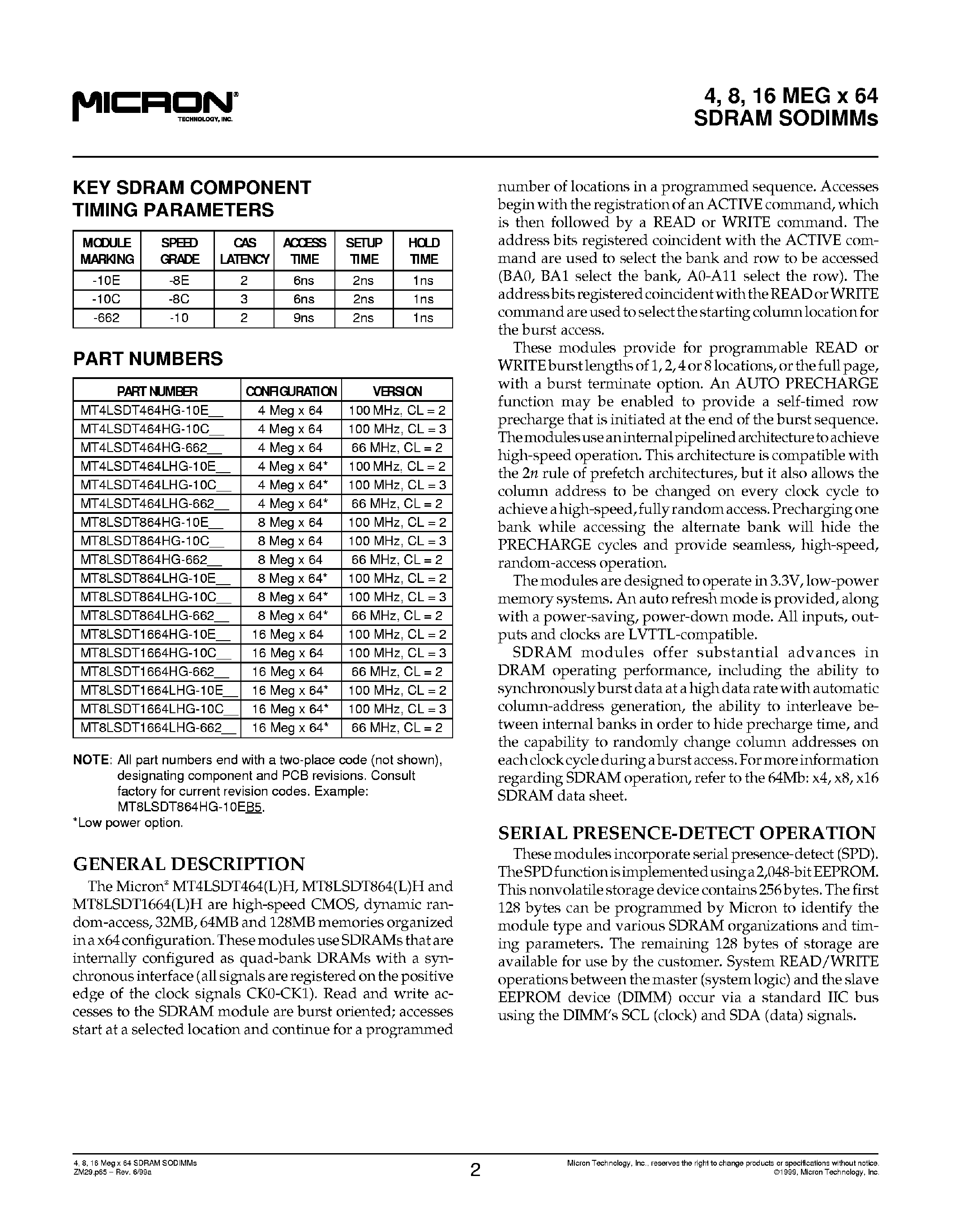 Даташит MT8LSDT864 - 4 / 8 / 16 MEG x 64 SDRAM SODIMMs страница 2