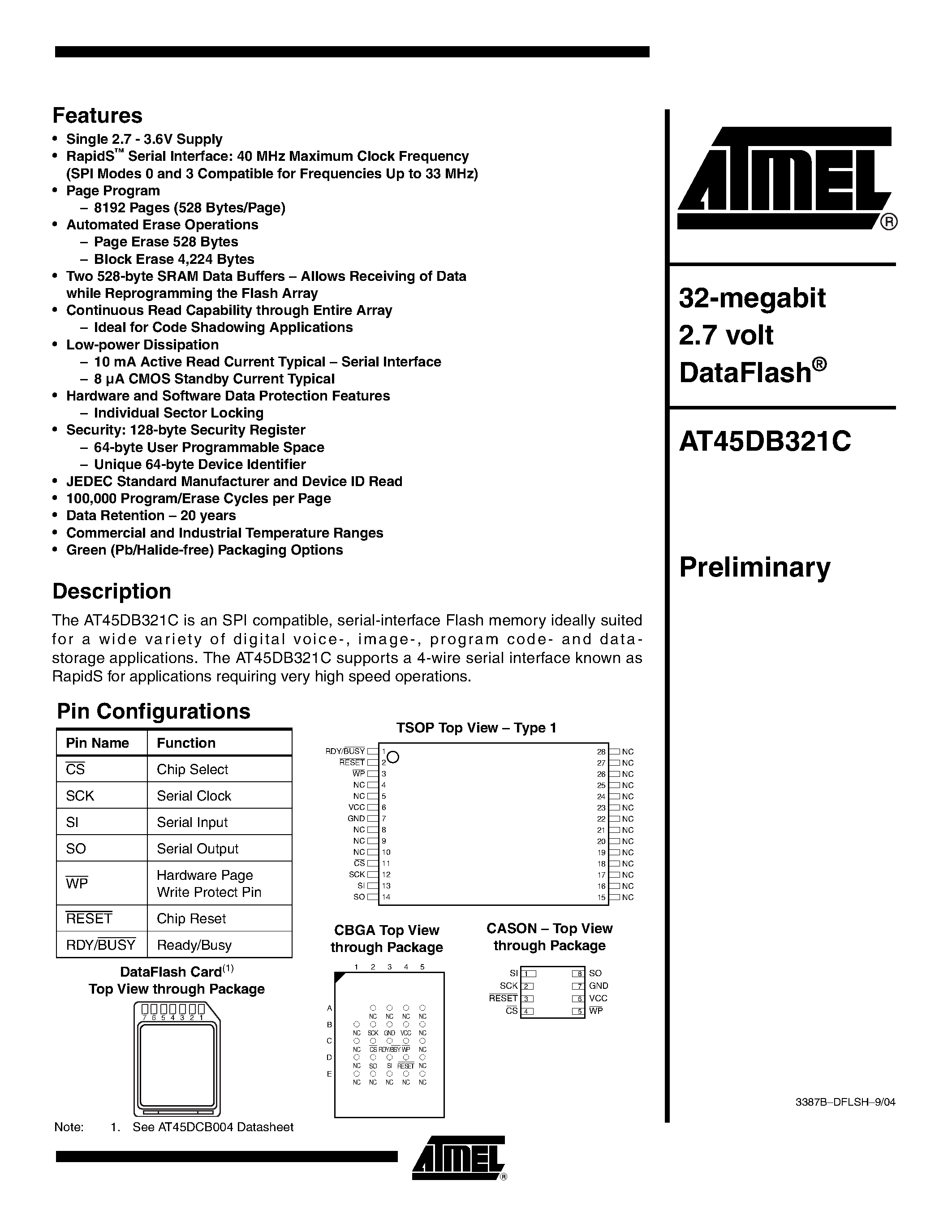Datasheet AT45DB321C - 32 MEGABIT 2.7 VOLT DATAFLASH page 1