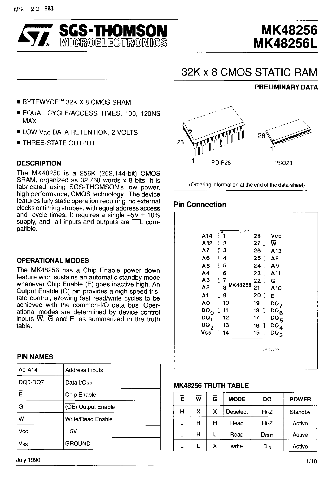 Datasheet MK48256 - 32K x 8 CMOS Static RAM page 1