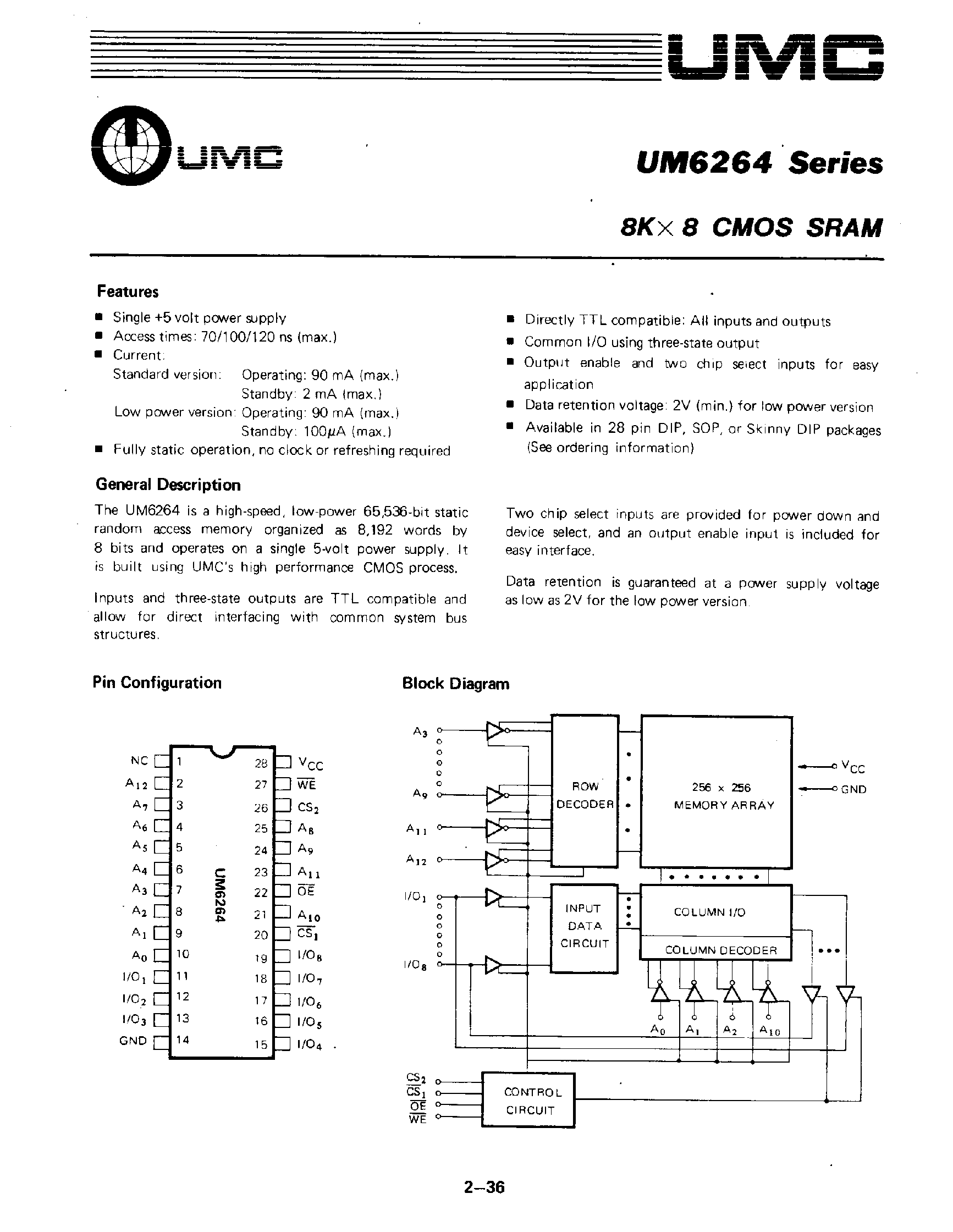 Даташит UM6264 - 8K x 8 CMOS SRAM страница 1