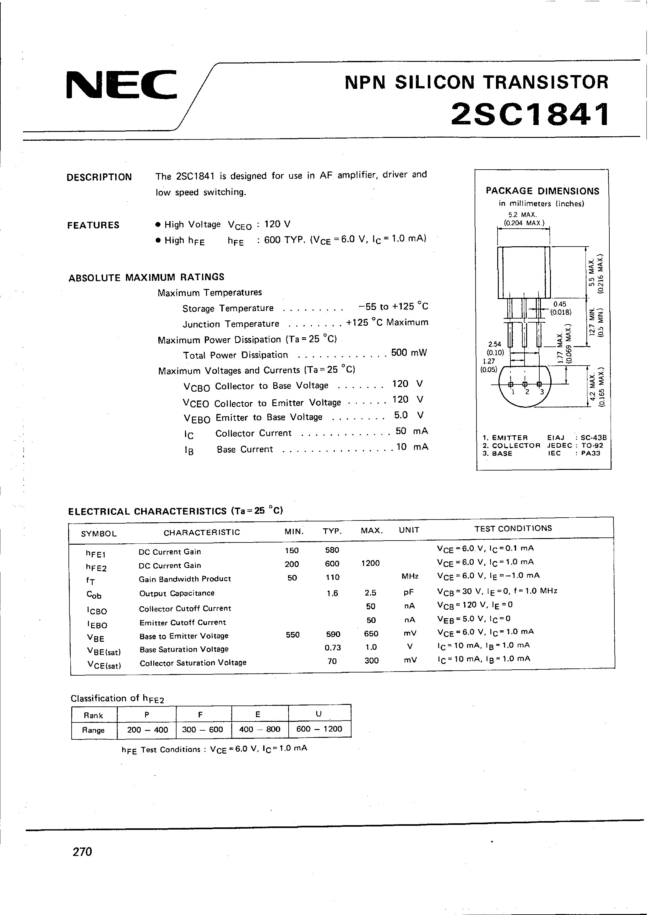 Datasheet 2SC1841 - NPN SILICON TRANSISTOR page 1