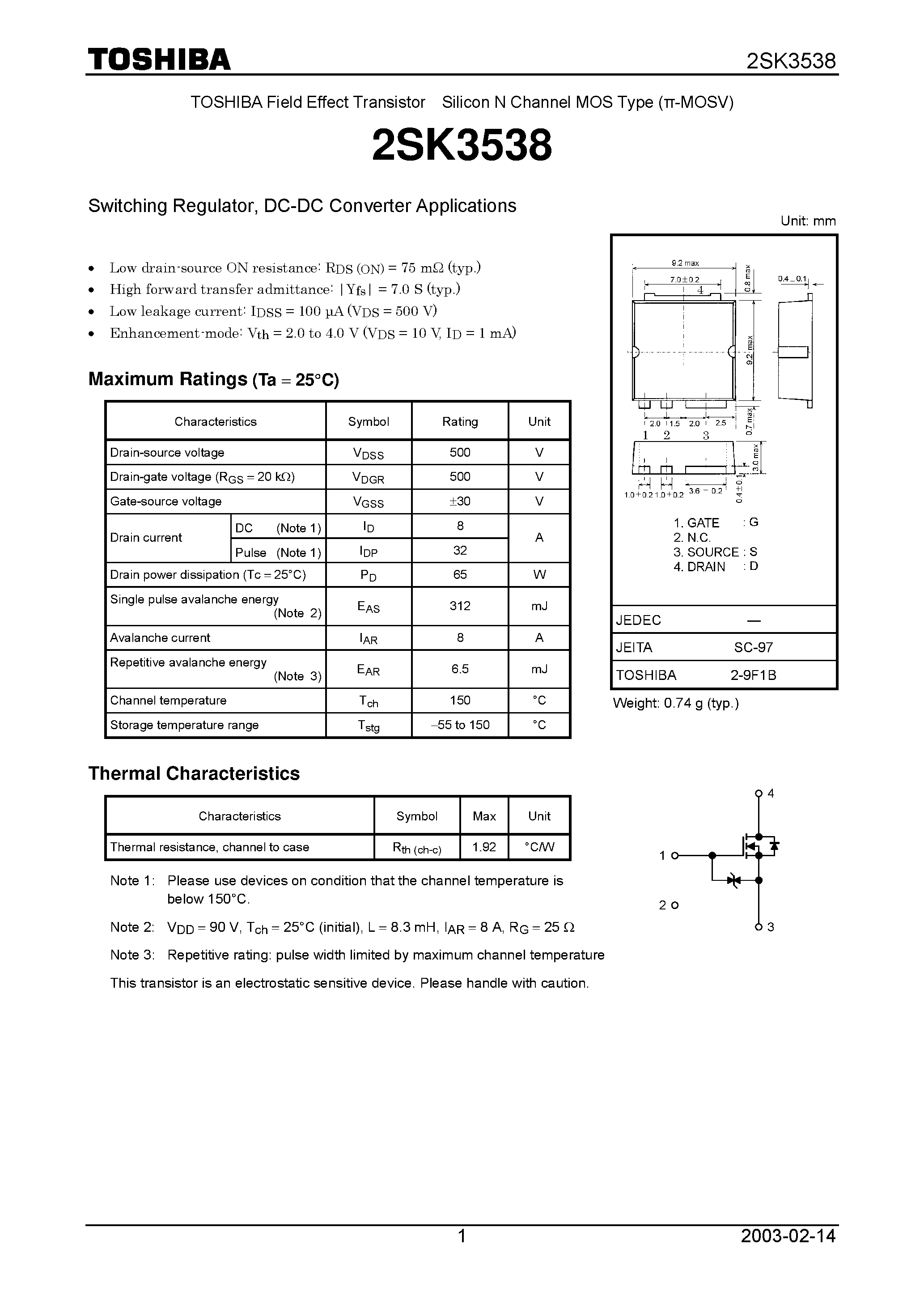 Datasheet 2SK3538 - Switching Regulator / DC-DC Converter Applications page 1