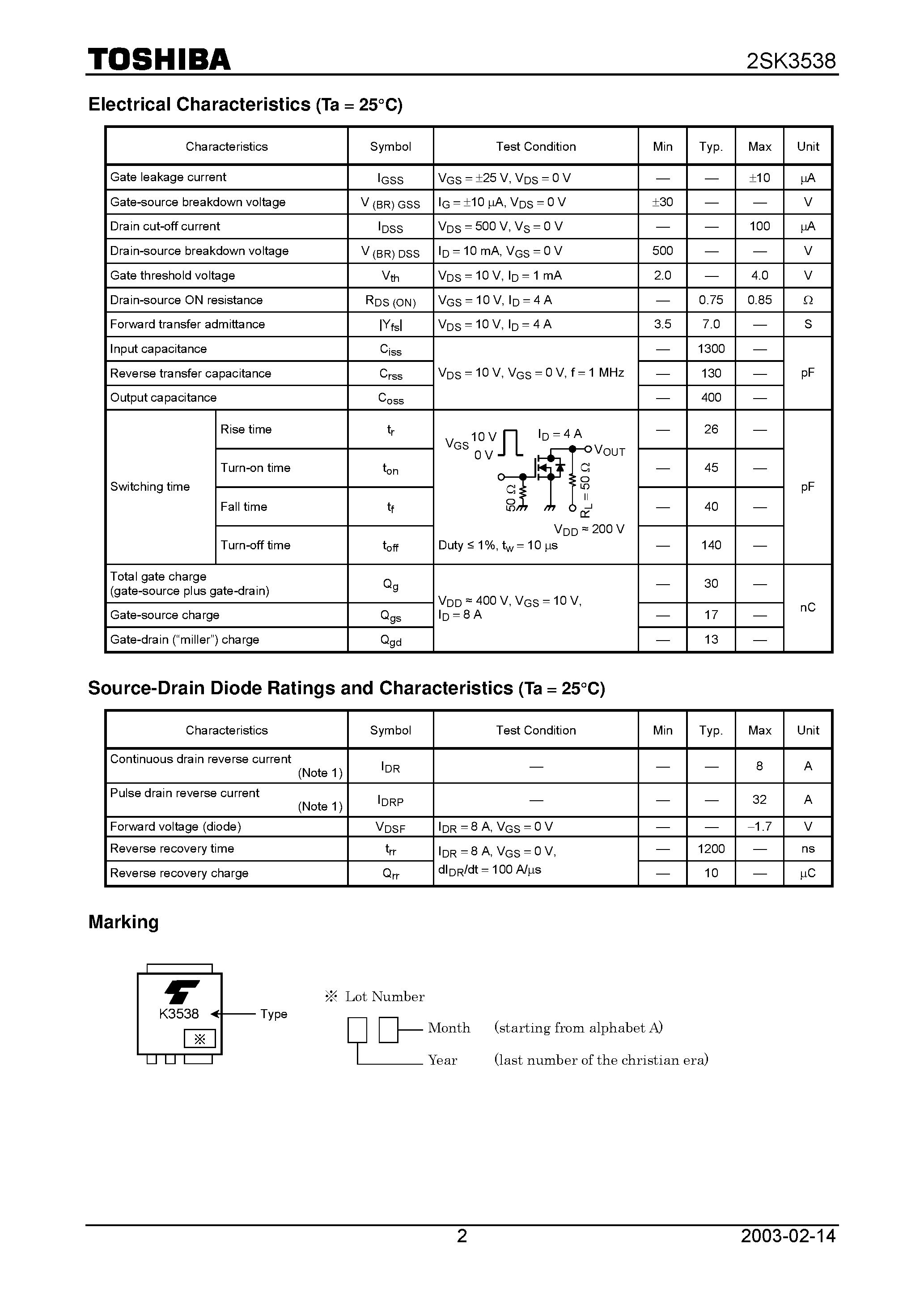 Datasheet 2SK3538 - Switching Regulator / DC-DC Converter Applications page 2