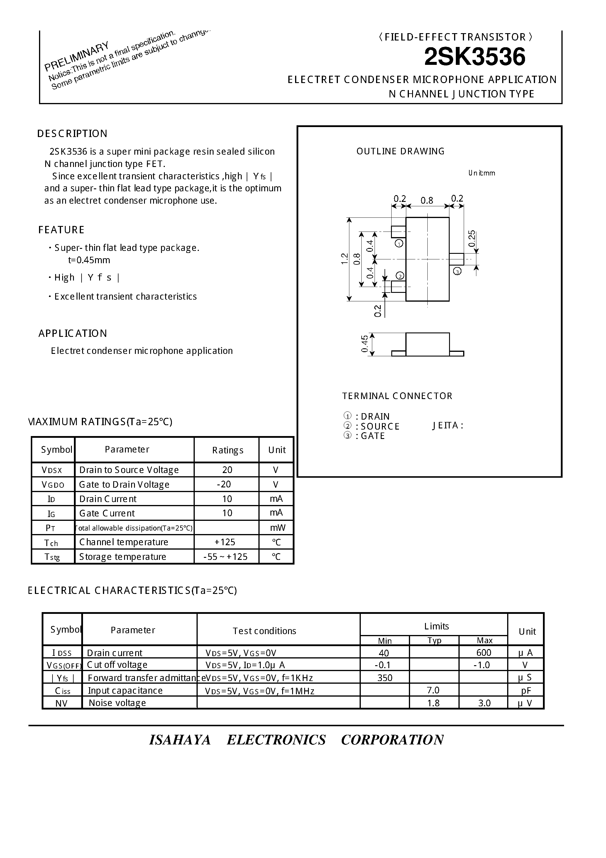 Datasheet 2SK3536 - Electret Condenser N-Channel page 1