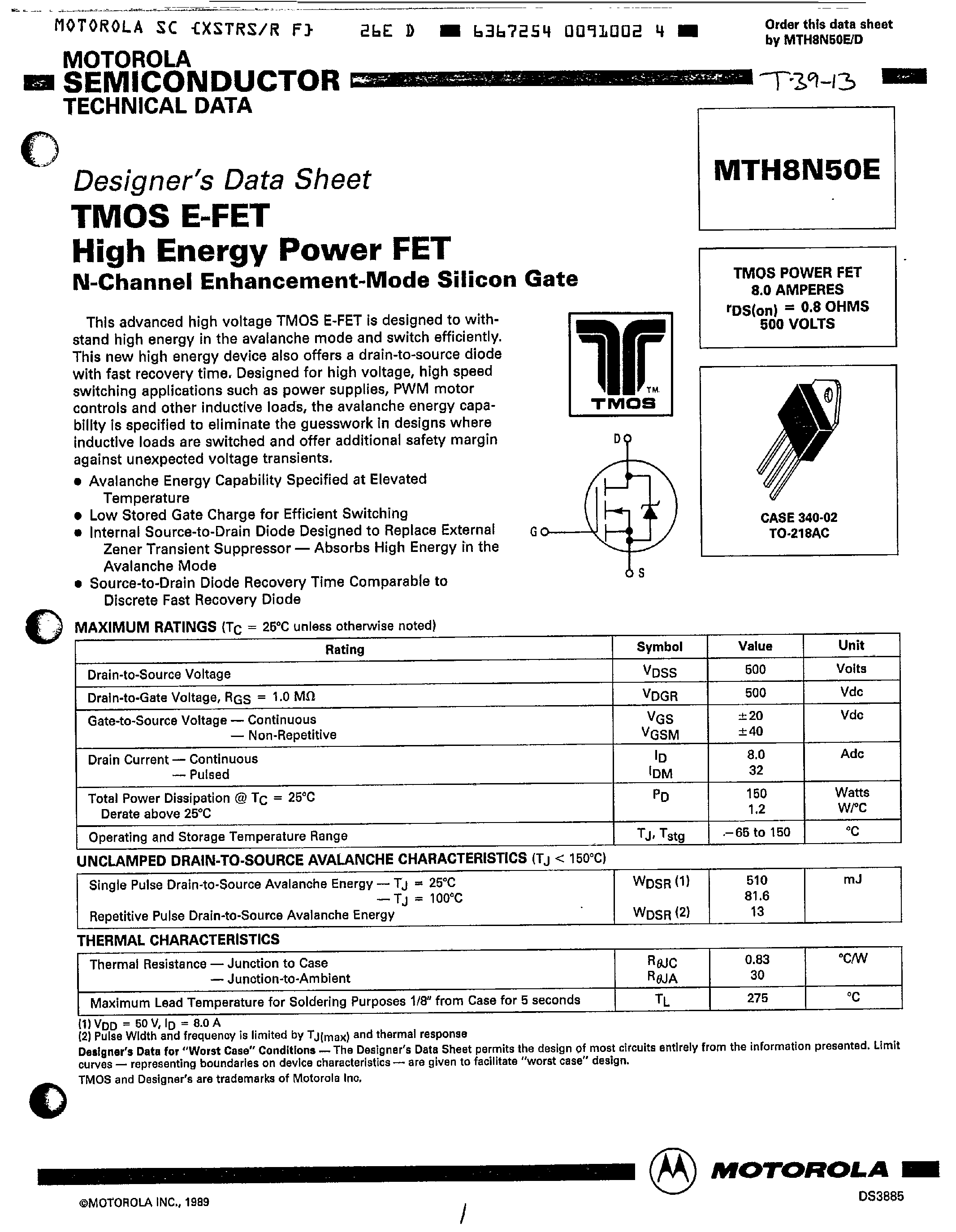 Datasheet MTH8N50E - TMOS E-FET High Energy Power FET page 1