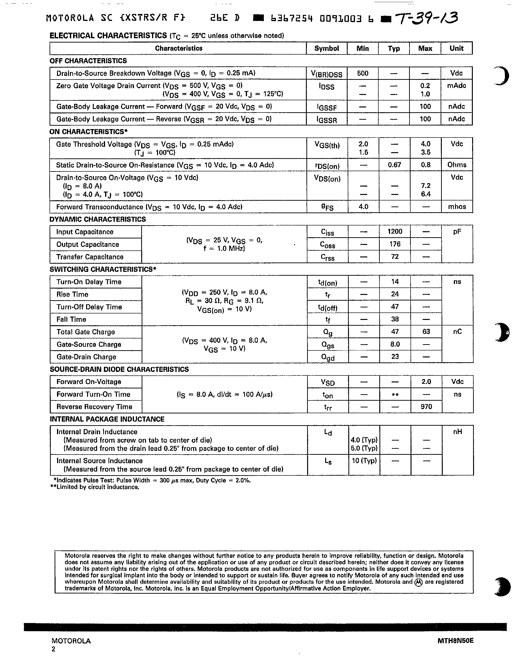 Datasheet MTH8N50E - TMOS E-FET High Energy Power FET page 2
