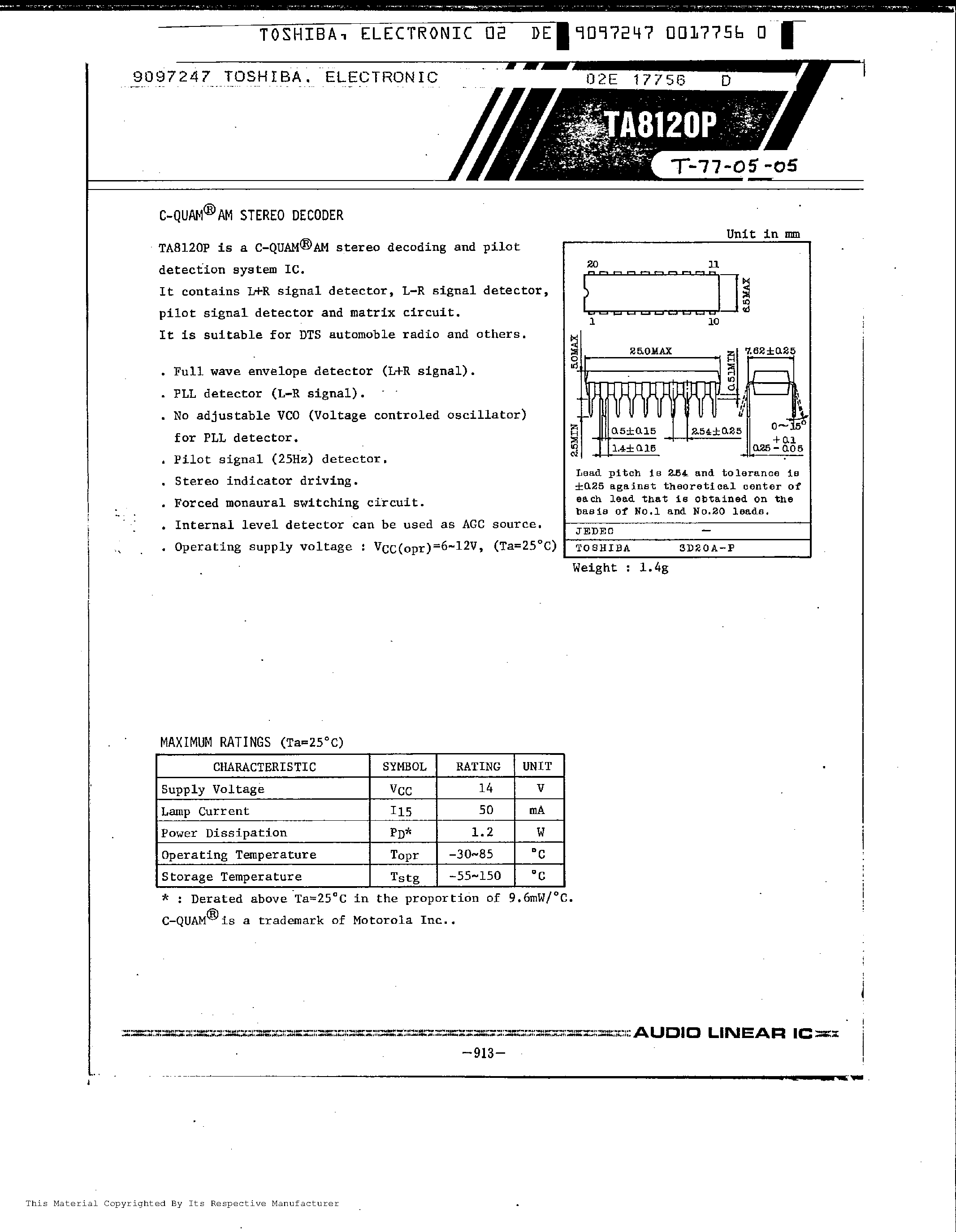 Datasheet TA8120P - C-QUAM AM STEREO DECODER page 1