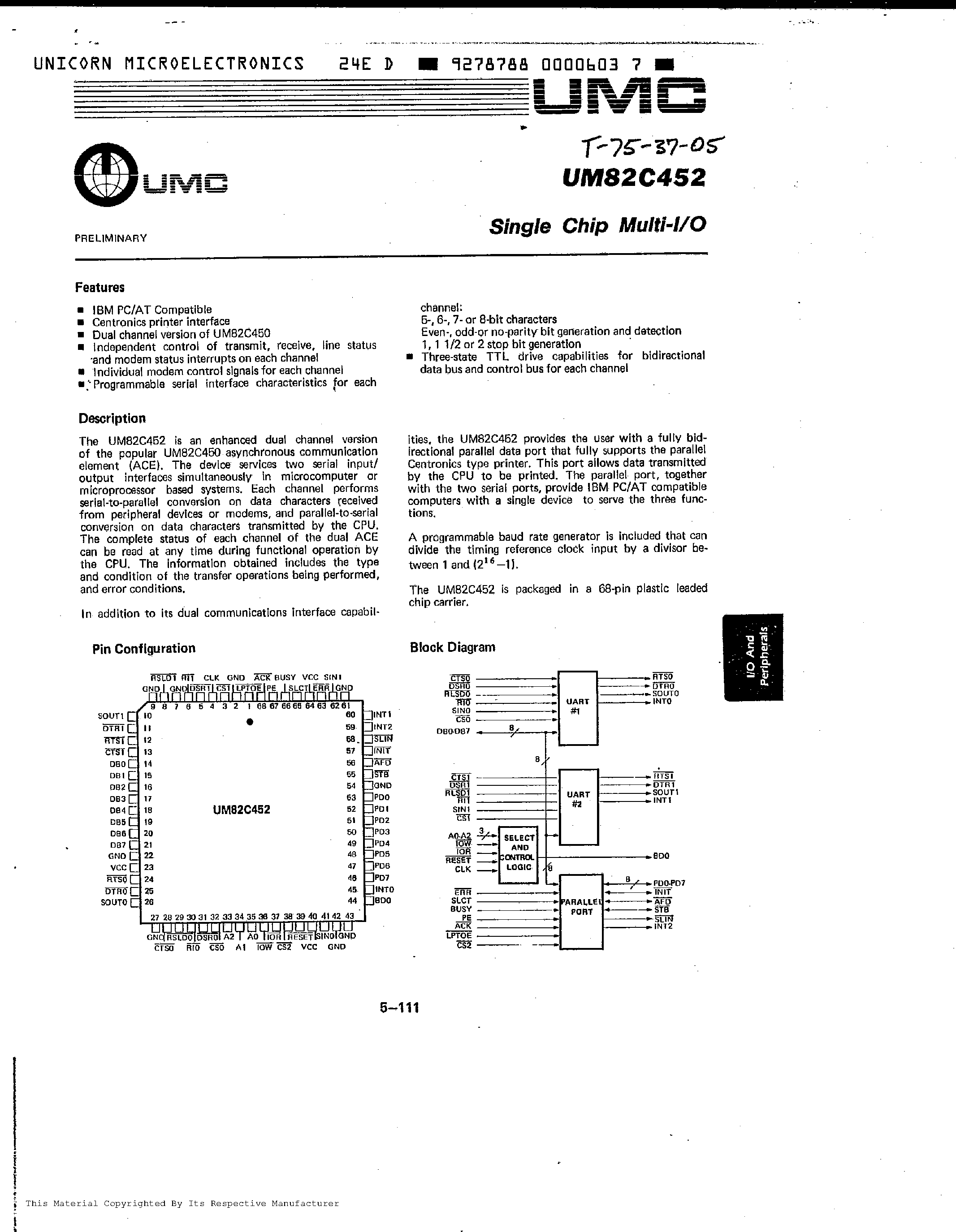 Даташит UM82C452 - SINGLE CHIP MULTI - I/O страница 1