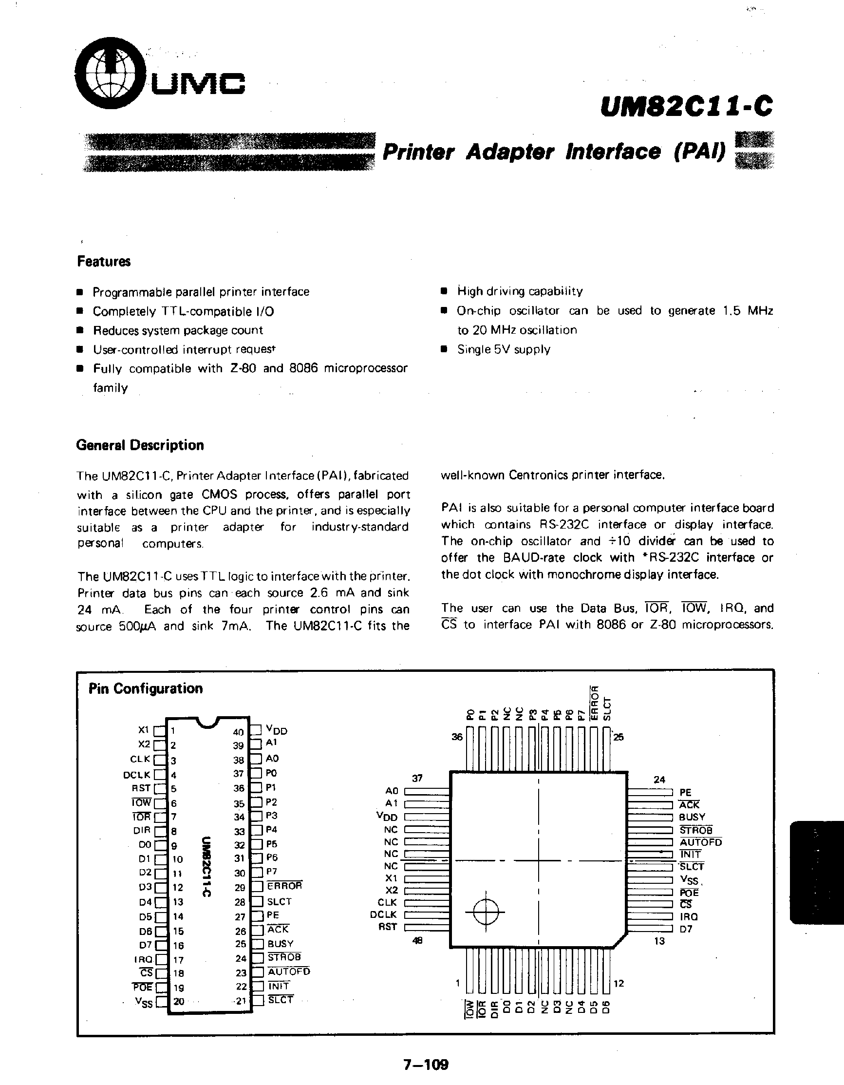 Datasheet UM82C11-C - Printer Adapter Interface page 1