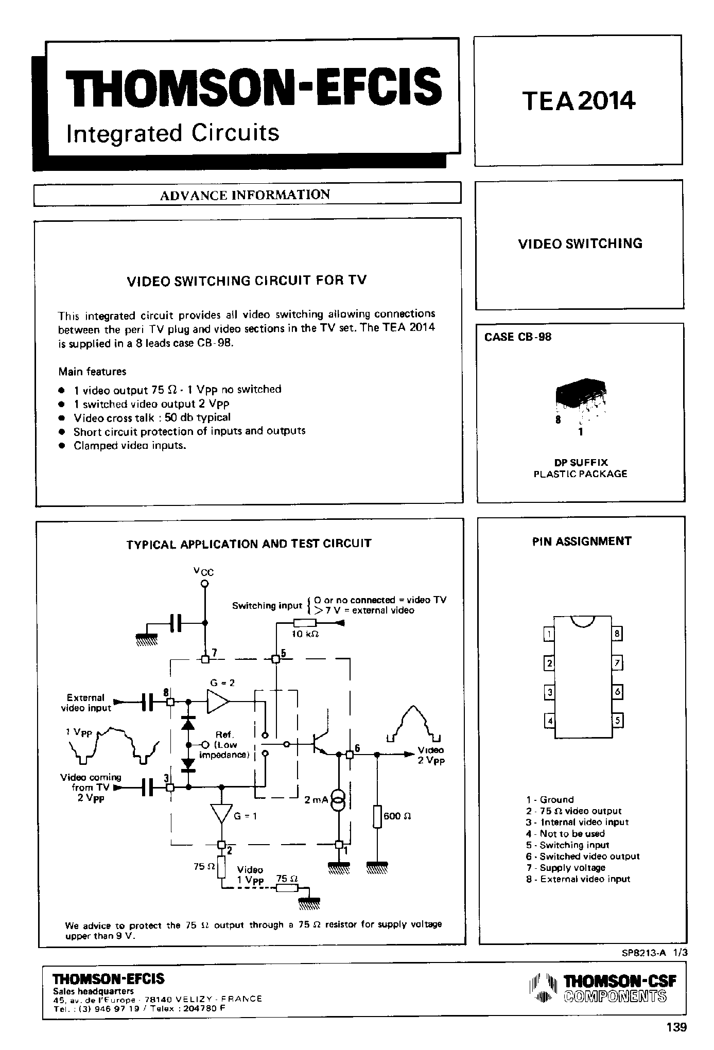 Даташит TEA2014 - Video Switching Circuit for TV страница 1