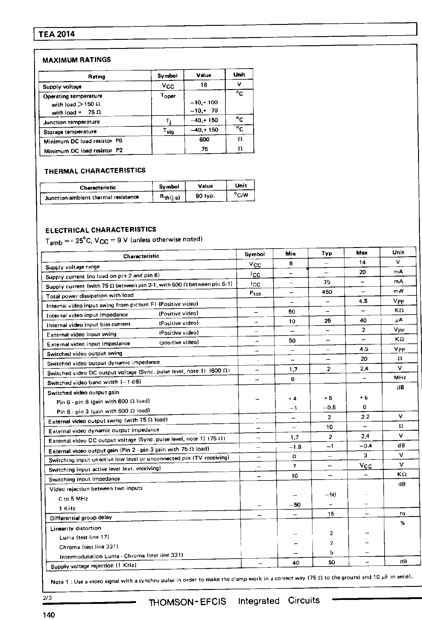 Даташит TEA2014 - Video Switching Circuit for TV страница 2
