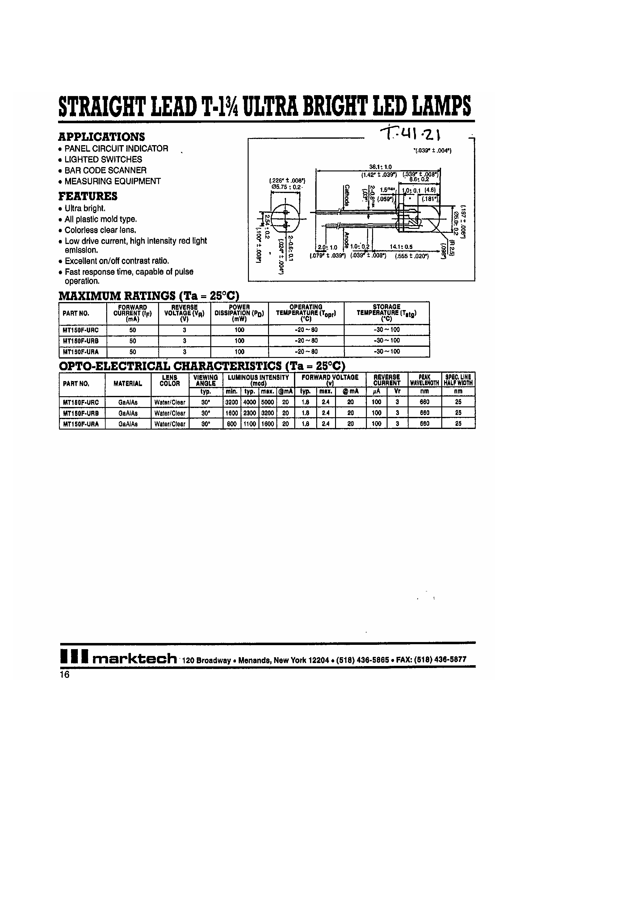Datasheet MT150F - STRAIGHT LEAD T-1 3/4 ULTRA BRIGHT LED LAMPS page 1