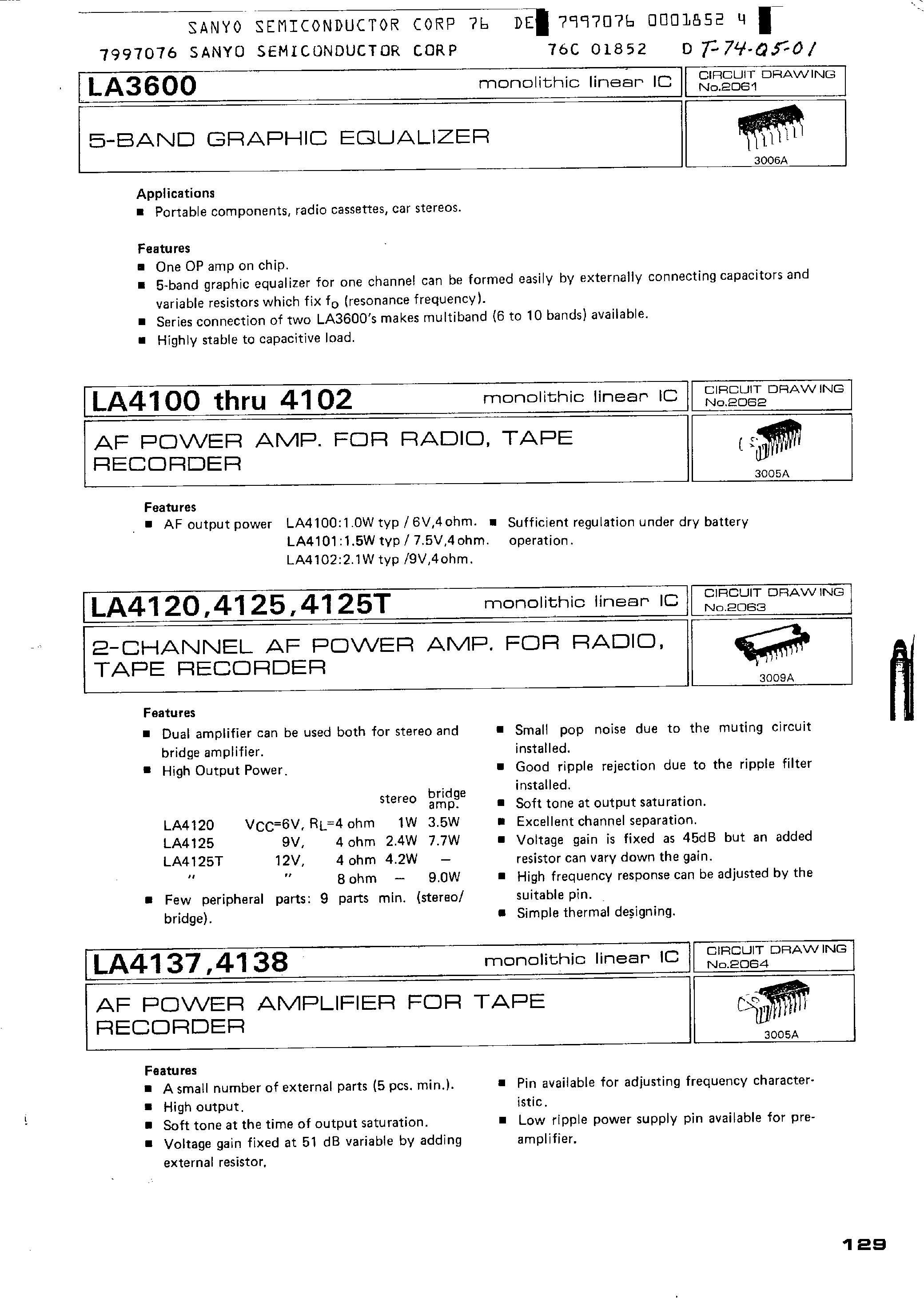Datasheet LA4120 - (LA4120 / LA4125) 2-Channel AF Power AMP for Radio Tape Recoder page 1
