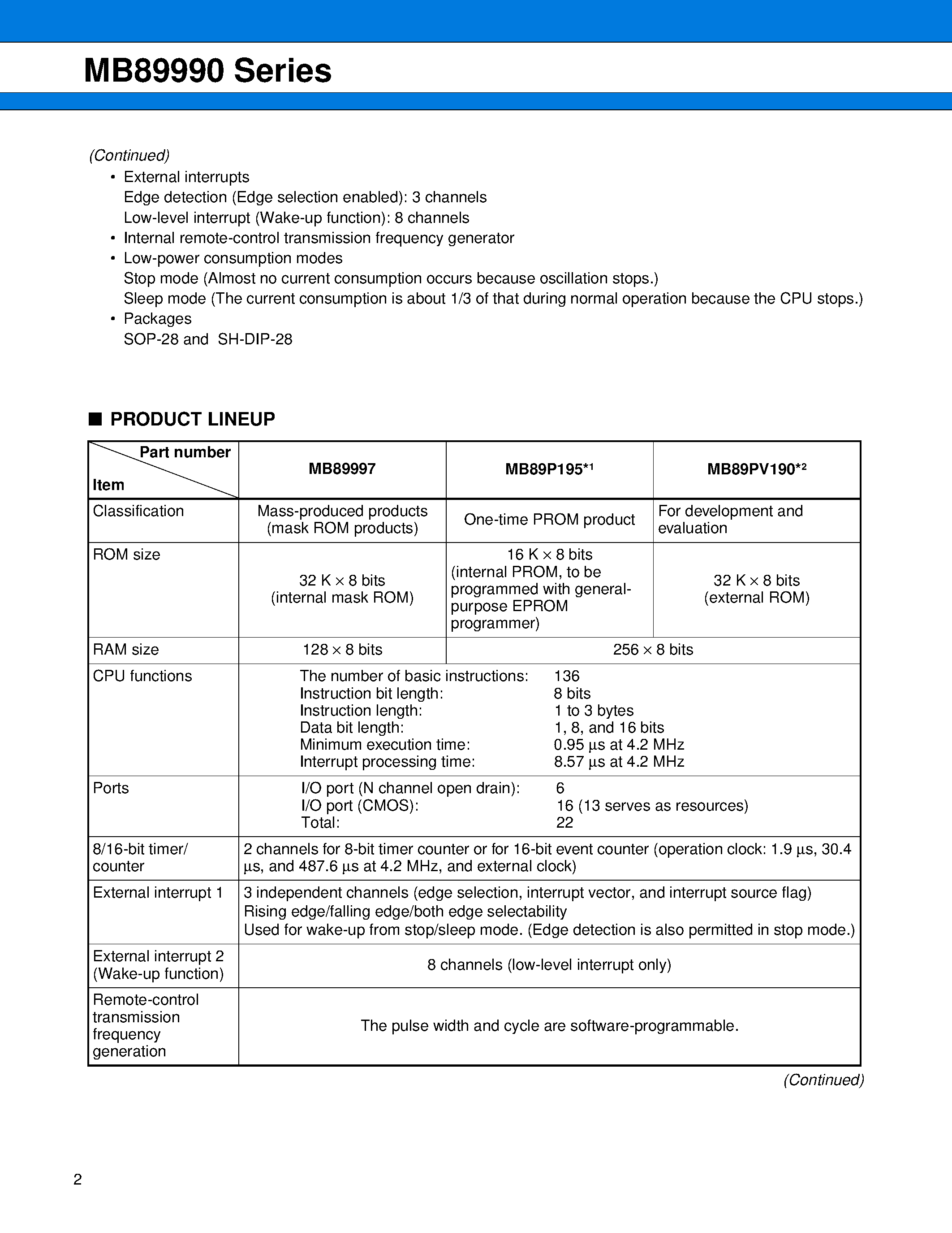 Datasheet MB8999x page 2 Datasheet MB8999x - 8-bit Proprietary Microcontroller page 2