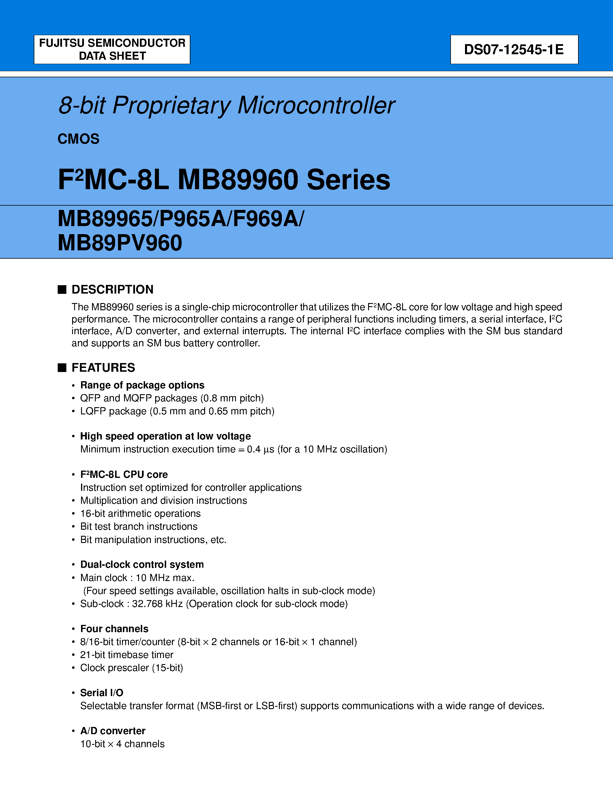 Datasheet MB8996x page 1 Datasheet MB8996x - 8-bit Proprietary Microcontroller page 1