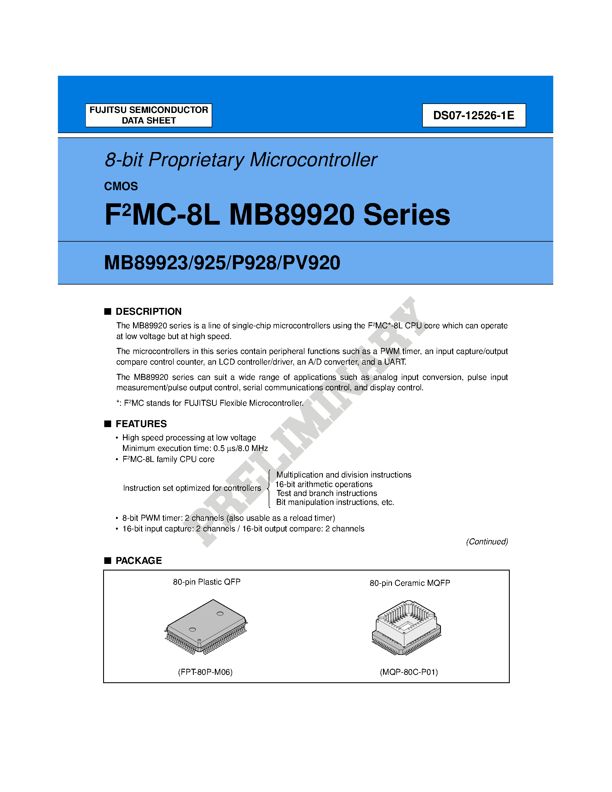 Datasheet MB8992x page 1 Datasheet MB8992x - 8-bit Proprietary Microcontroller page 1