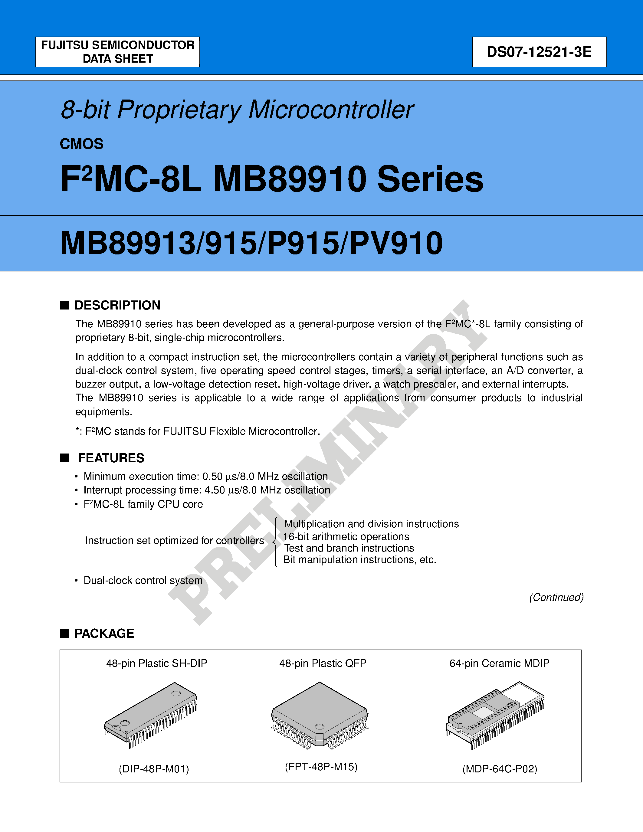 Datasheet MB8991x page 1 Datasheet MB8991x - 8-bit Proprietary Microcontroller page 1