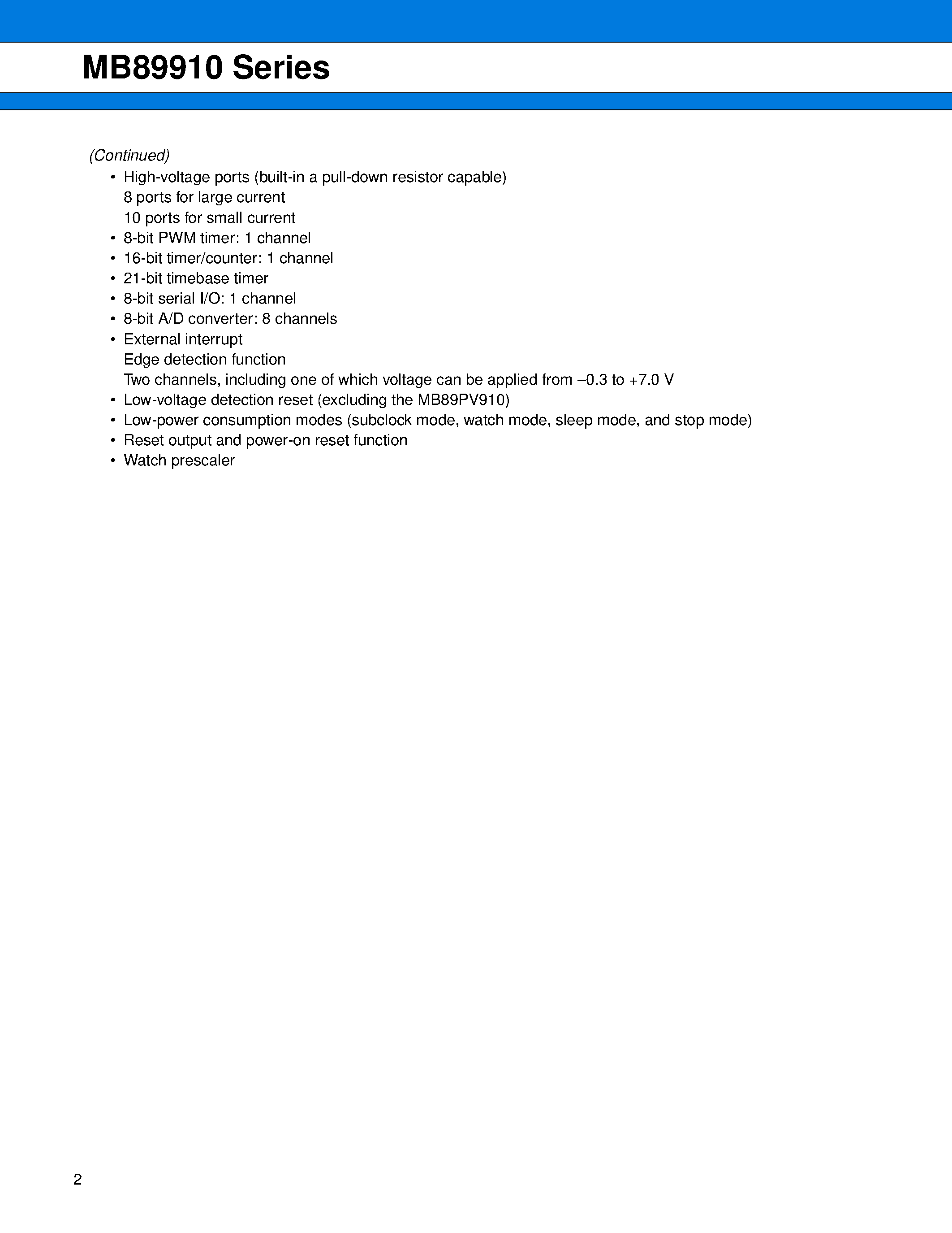 Datasheet MB8991x page 2 Datasheet MB8991x - 8-bit Proprietary Microcontroller page 2
