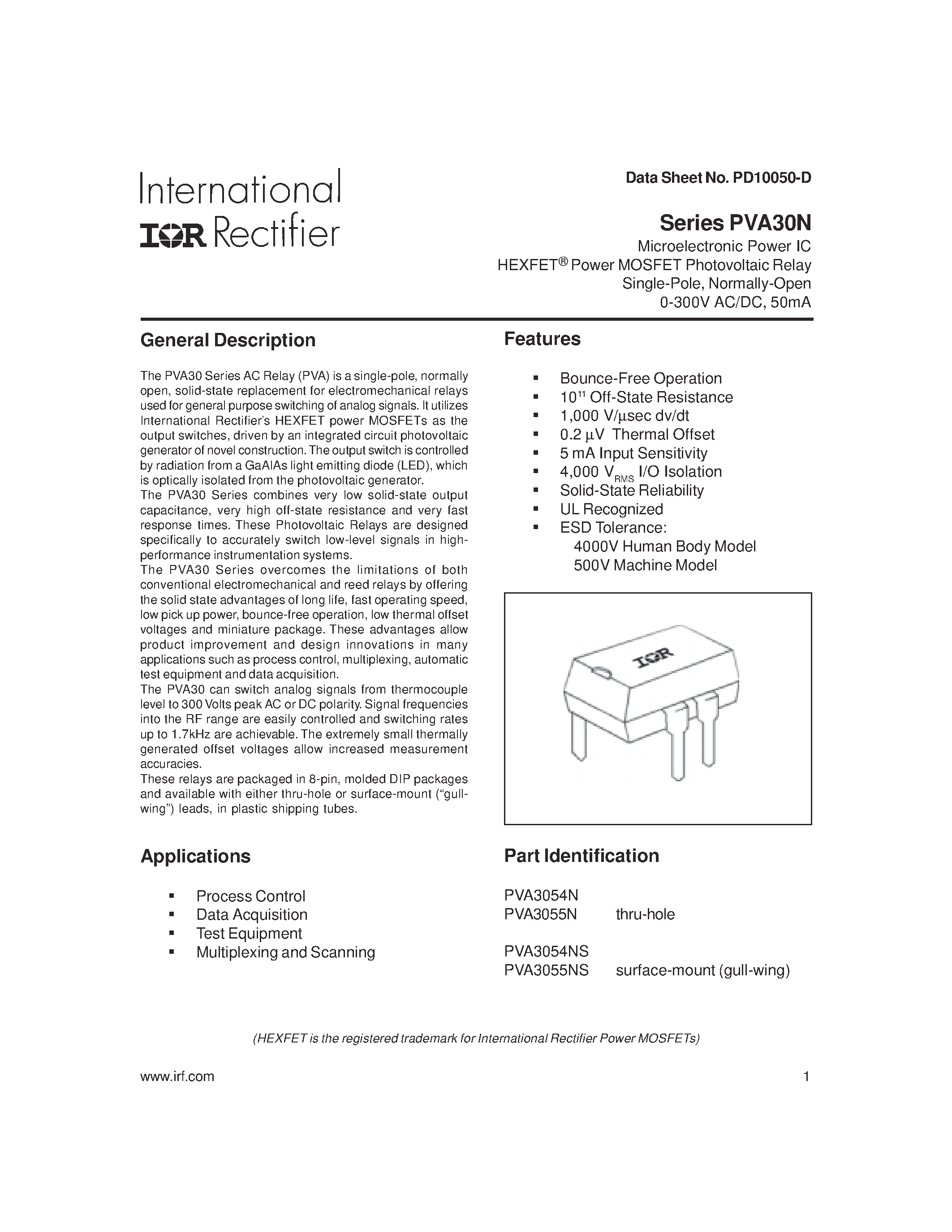 Datasheet PVA3054 - (PVA3054) Microelectronic Power IC HEXFET Power MOSFET Photovoltaic Relay Single-Pole page 1