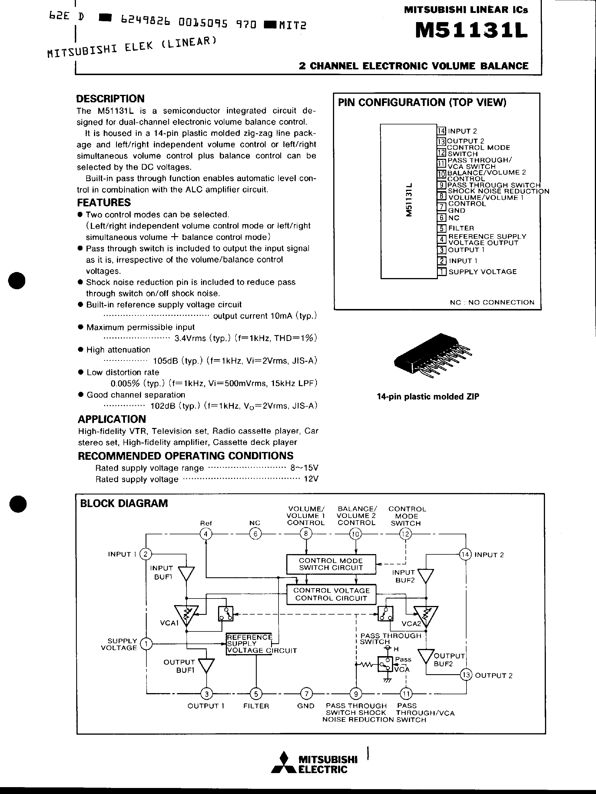 Даташит M51131L - 2-Channel Electronic Volume Balance страница 1