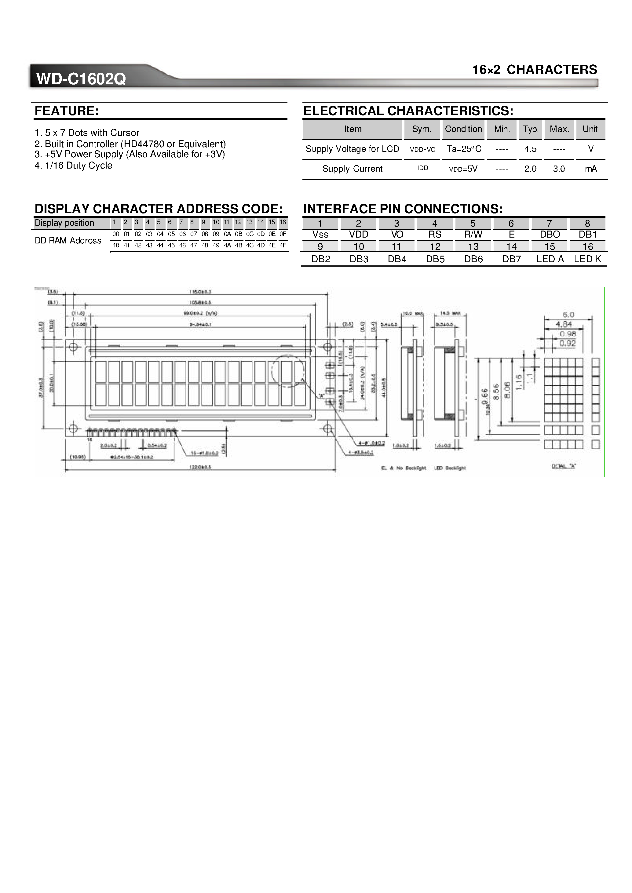 Datasheet WM-C1602Q page 1 Datasheet WM-C1602Q - 16 x 2 Characters page 1