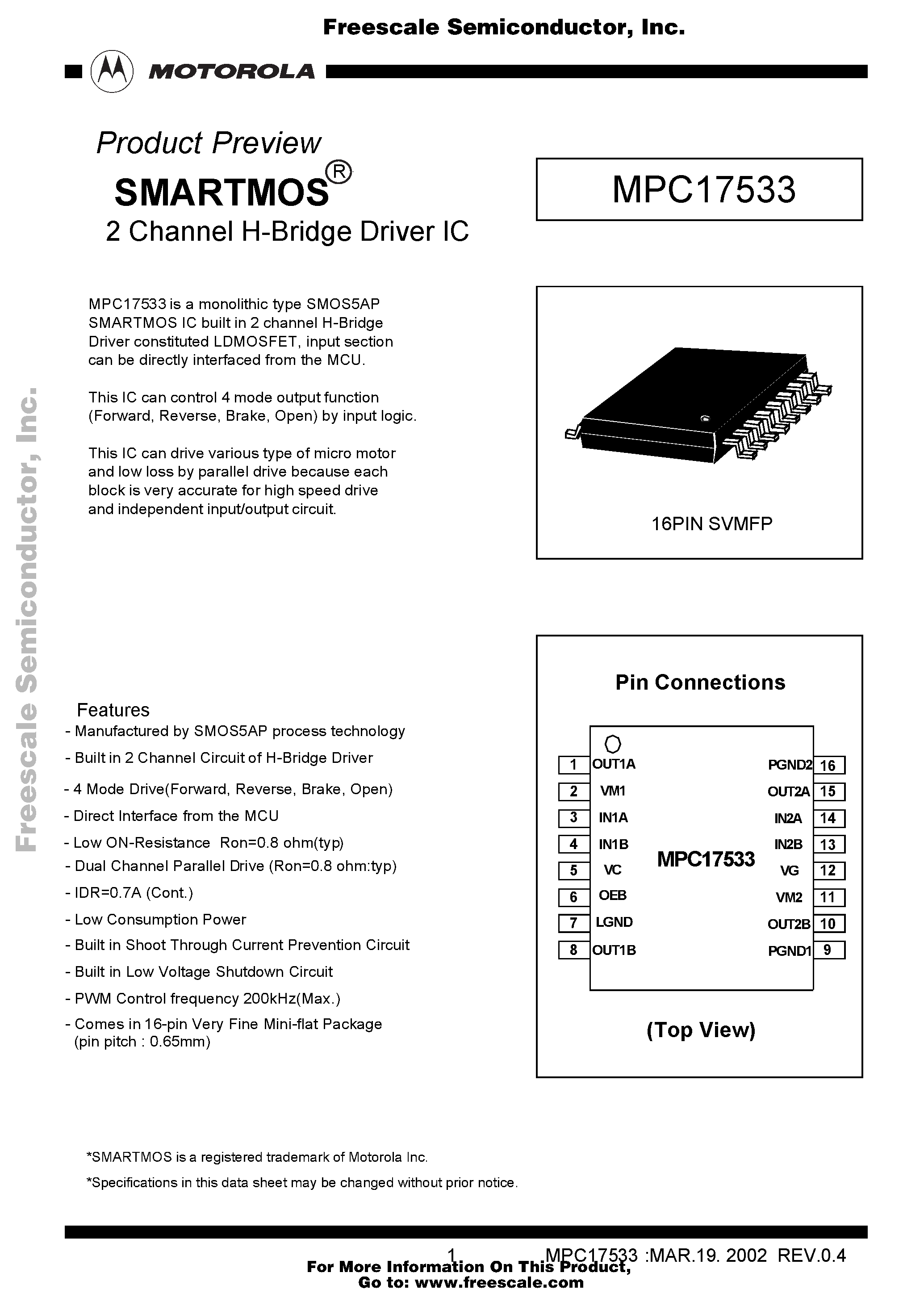Datasheet MPC17533 page 1 Datasheet MPC17533 - SMARTMOS 2 Channel H-Bridge Driver IC page 1