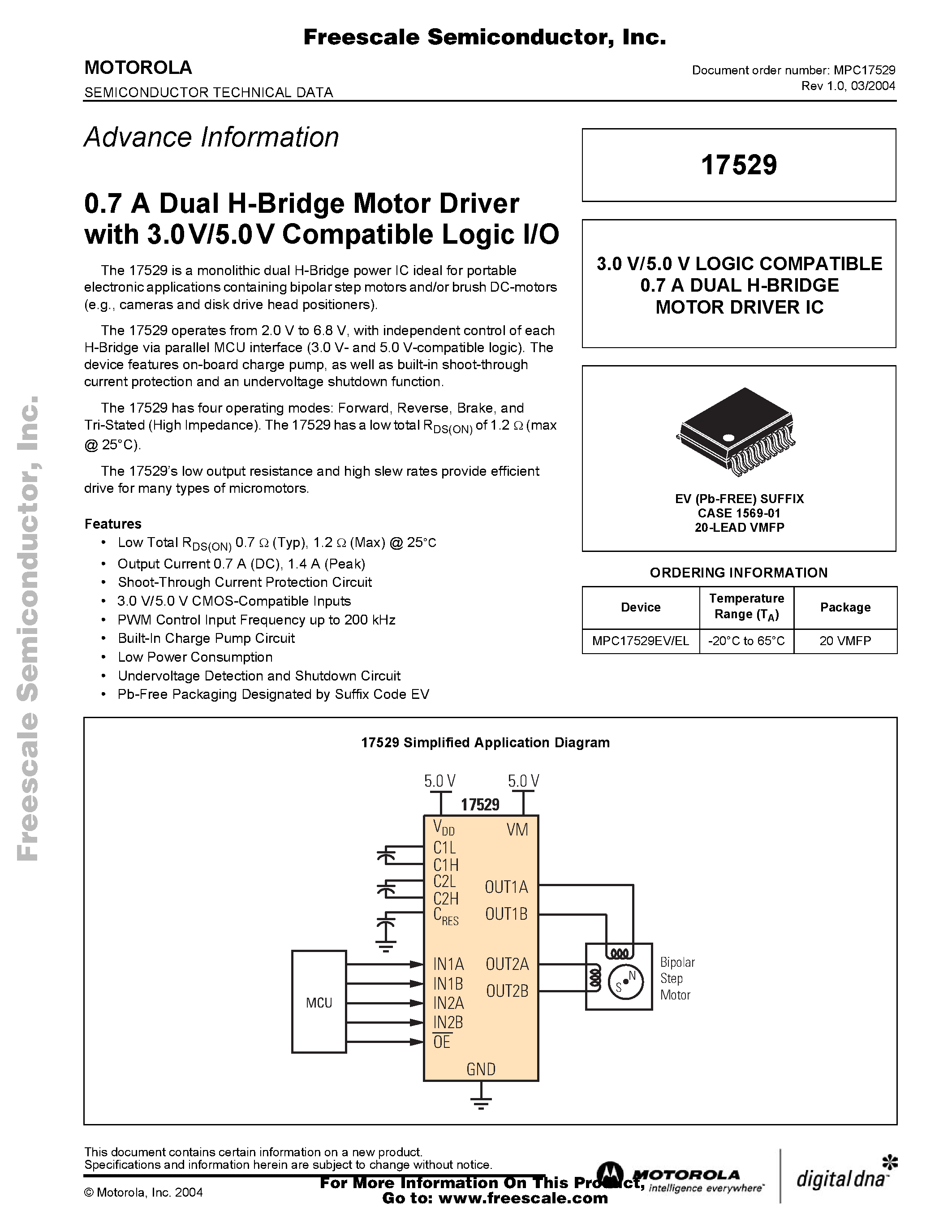 Даташит на микросхему MPC17529 страница 1 Даташит MPC17529 - 0.7 A Dual H-Bridge Motor Driver with 3.0V/5.0V Compatible Logic I/O страница 1